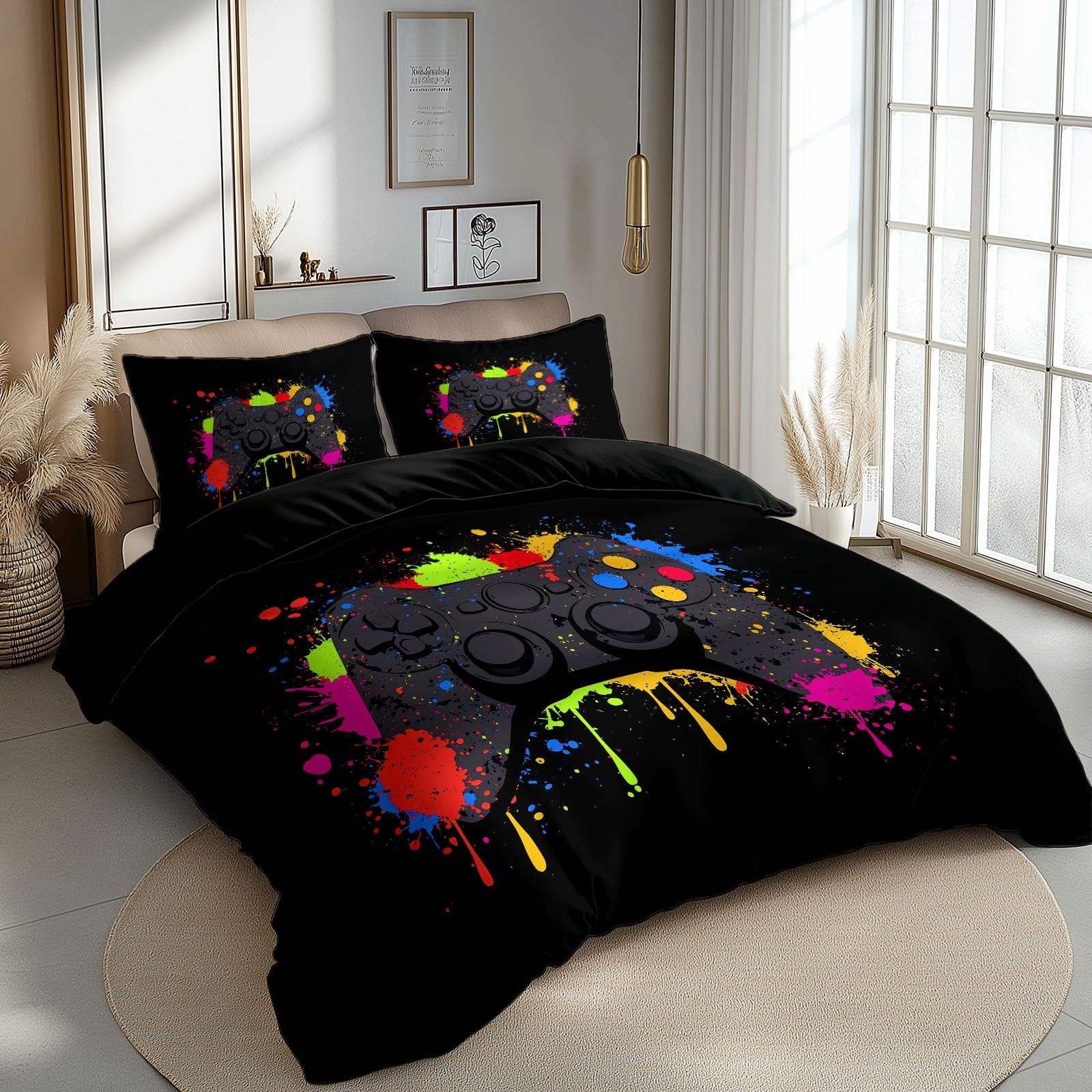 Funda Nórdica Microfibra Cremallera Diseño Suave Juego de Funda Nórdica con Funda de Almohad para Adulto Niños Adolescentes - Cama 135/150-220 x 240 cm Mando de Juego Dibujos Animados Negro
