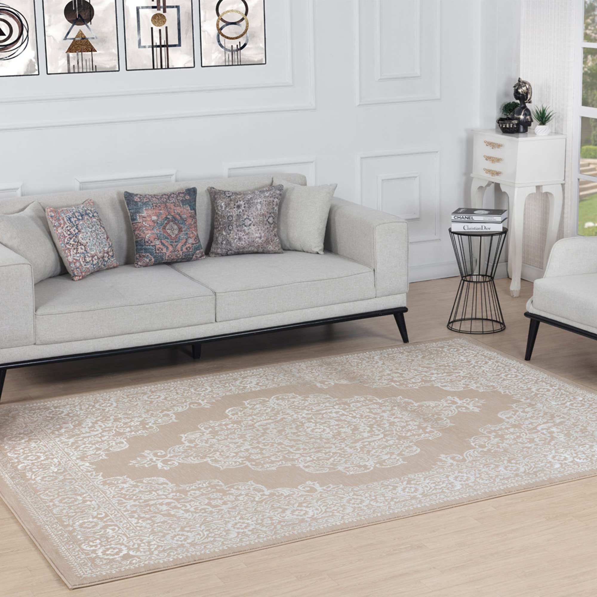 Livabliss Temara Vintage Rug - Area Rugs for Living Room 120x170 cm, Bedroom - Scandi Neutral Rugs, Traditional Patterned Boho Style, Natural Easy Care Pile - Large Rug, Beige
