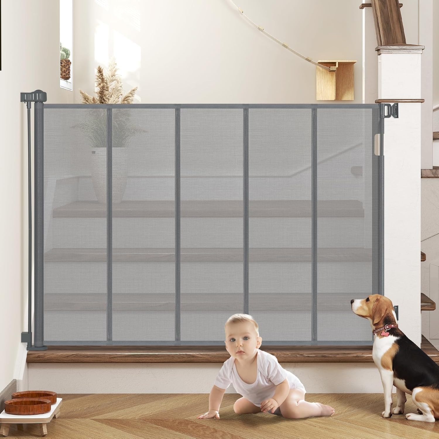 47” Extra Tall Retractable Baby Gate, Reinforced Mesh Dog Gate Extends to 59" Wide, Baby Gate for Stairs, Doorways, Hallways, Indoor and Outdoor, Grey Gray 59"W x 47"H