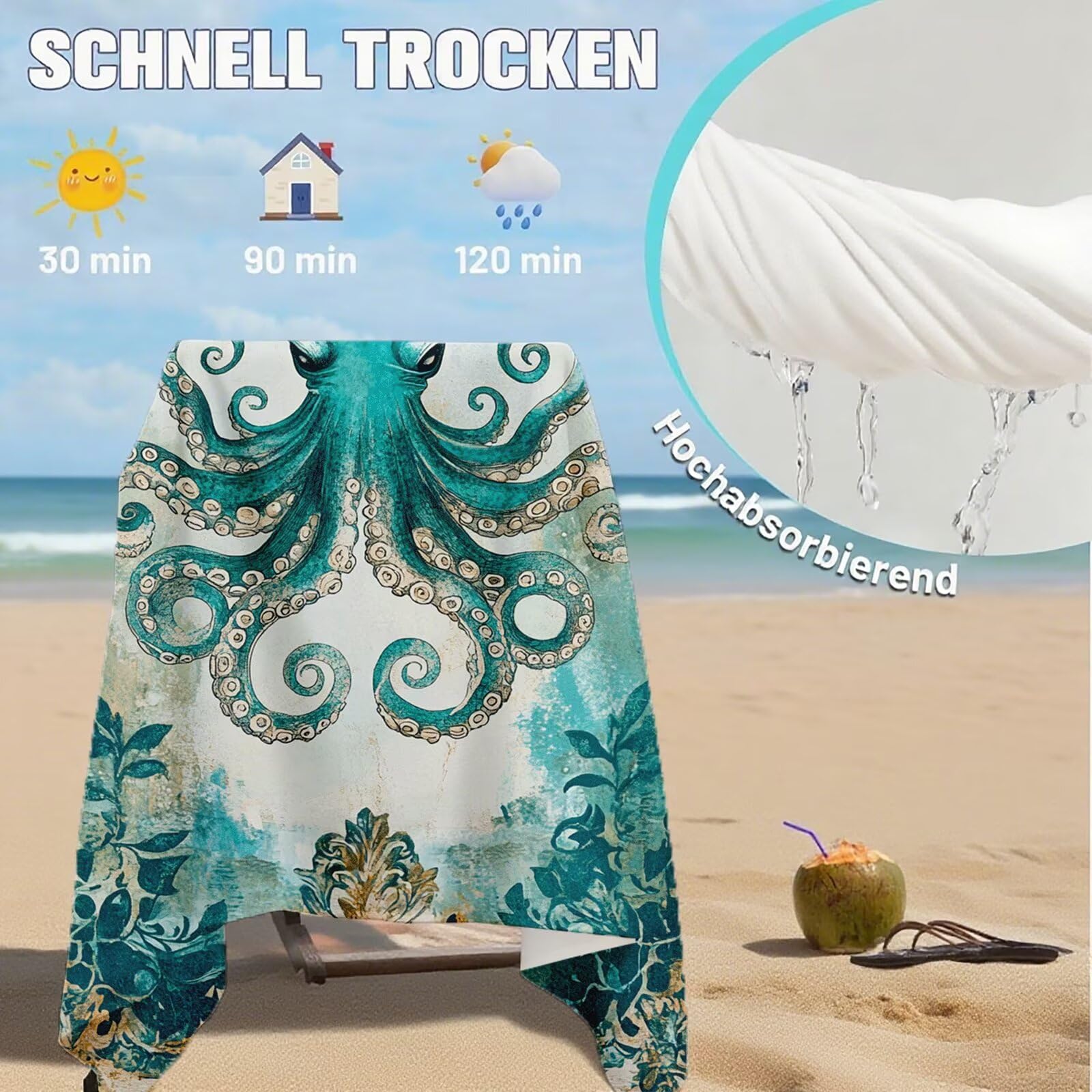 Toallas de Playa Microfibra Pulpo Toalla Playa Grande 100 x 180 cm Mujer Hombre Secado Rápido Absorbente Toallas Gimnasio Suave Sin Arena Toalla Microfibra para Playas Piscina Viajes Camping Q-702