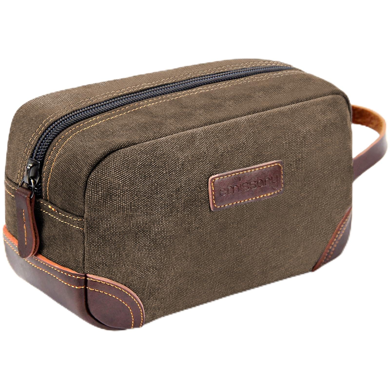 emissary Mens Toiletry Bag Leather and Canvas Travel Toiletry Bag Dopp Kit for Men Travel Bathroom Bag Mens