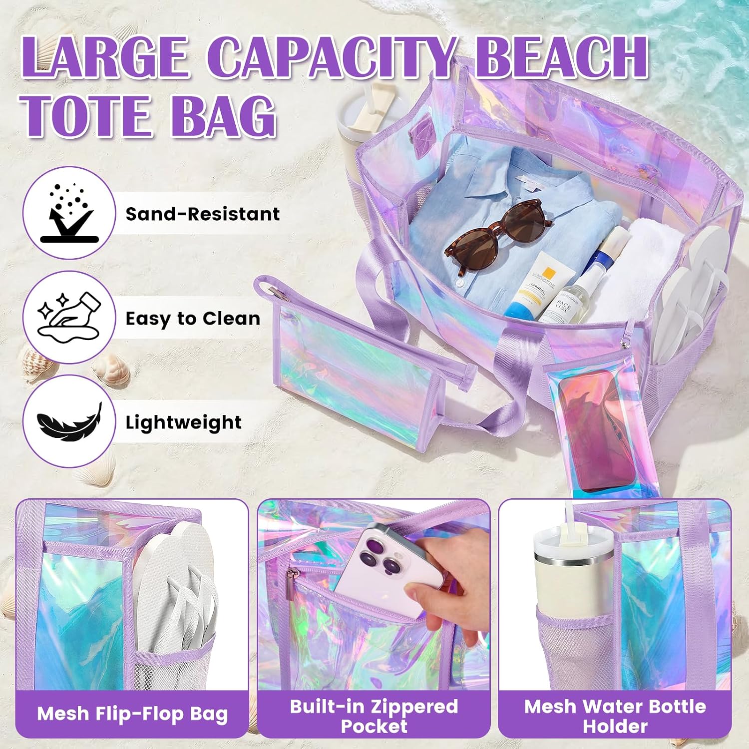 Iridescent Beach Bag for Women,PVC Pool Bag with Cosmetic Pouch&Phone Pouch,Summer Beach Tote for Travel & Vacation
