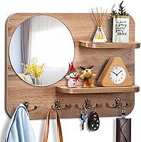 Vista 9 de Perchero con estante de madera rústica para colgar en la pared, con estantes de espejo y 4 ganchos dobles, estante decorativo con gancho de entrada