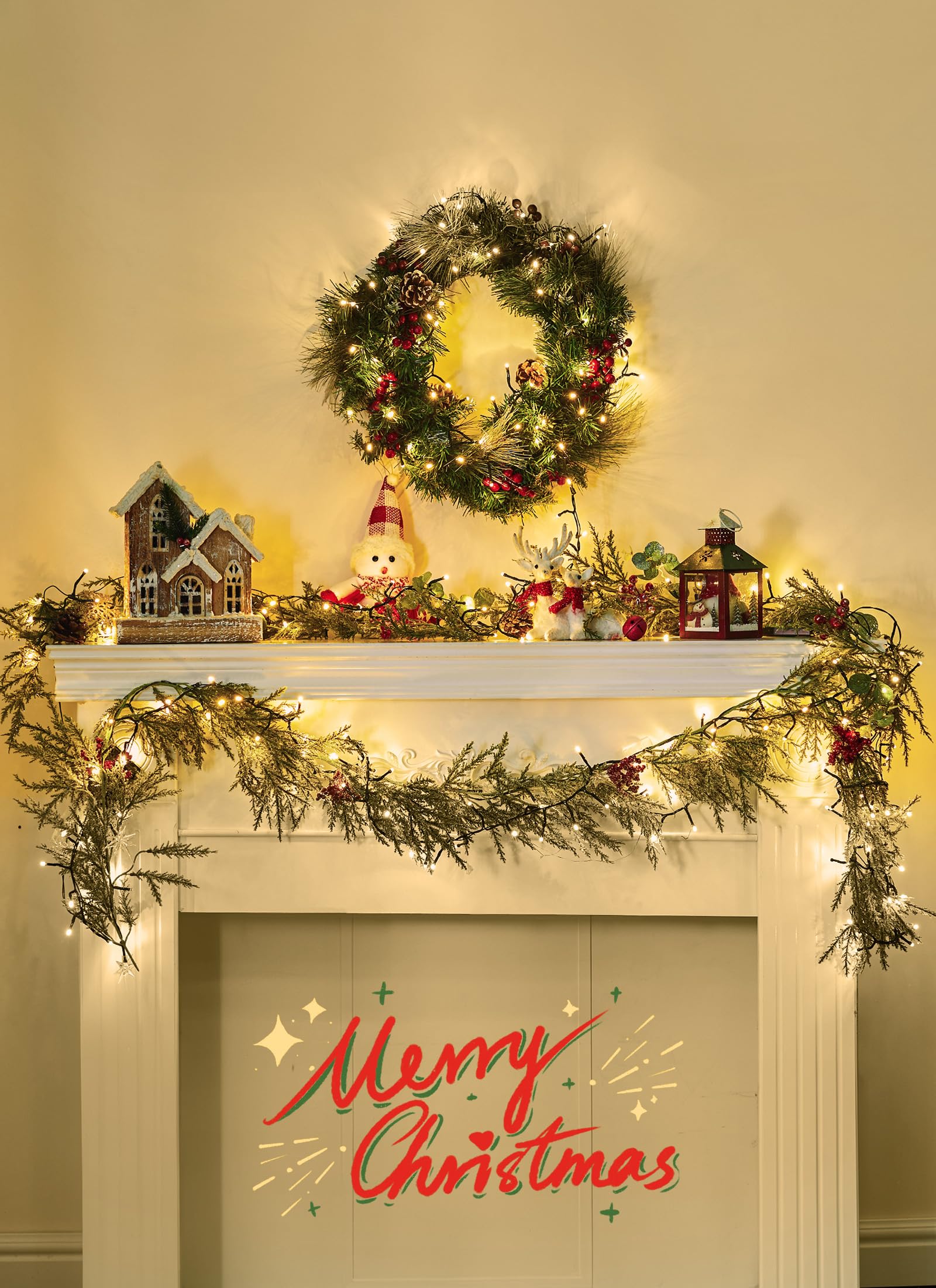 Brightown Guirnalda de Navidad con luces, luces LED de Navidad de 6 pies que funcionan con pilas con conos de pino, bayas, hojas de eucalipto, decoraciones de Navidad interiores para escaleras, puerta