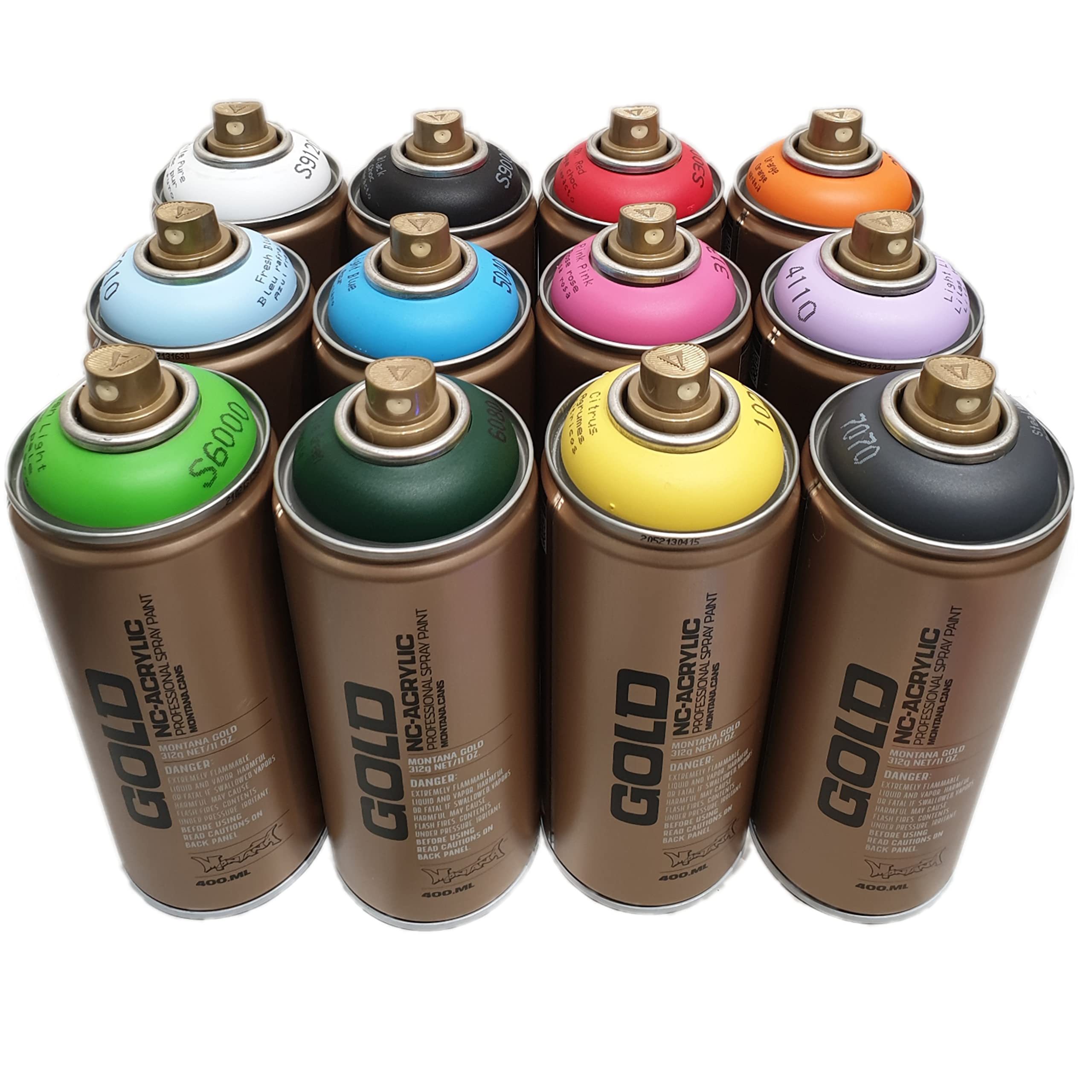 Montana CANS GOLD 12 Farben SPRAY Dose (12x Gold 400ml + 1x Handschuhe + 6x Diffusoren + MTN, CANS Geschenkaufkleber) Starter Graffiti Kit Farbspray von Muralism