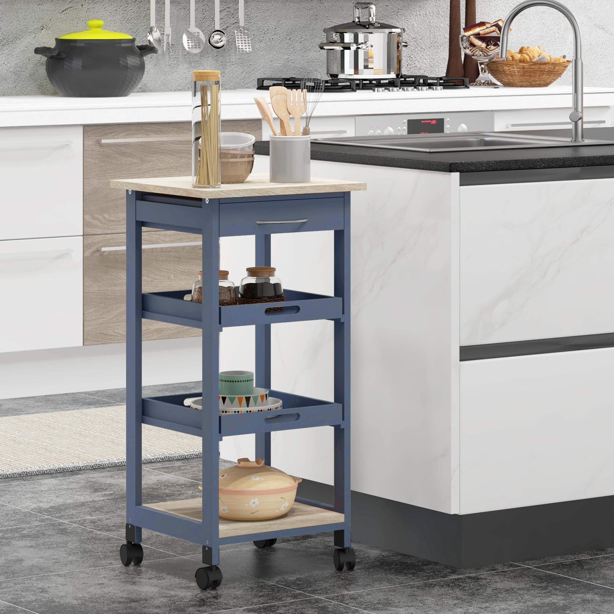HOMCOM Carrello da Cucina con Cassetto, 2 Vassoi Estraibili e Ripiano Fisso, Carrello Portaoggetti in Legno di Pino e MDF, 37x37x76 cm, Grigio e Rovere