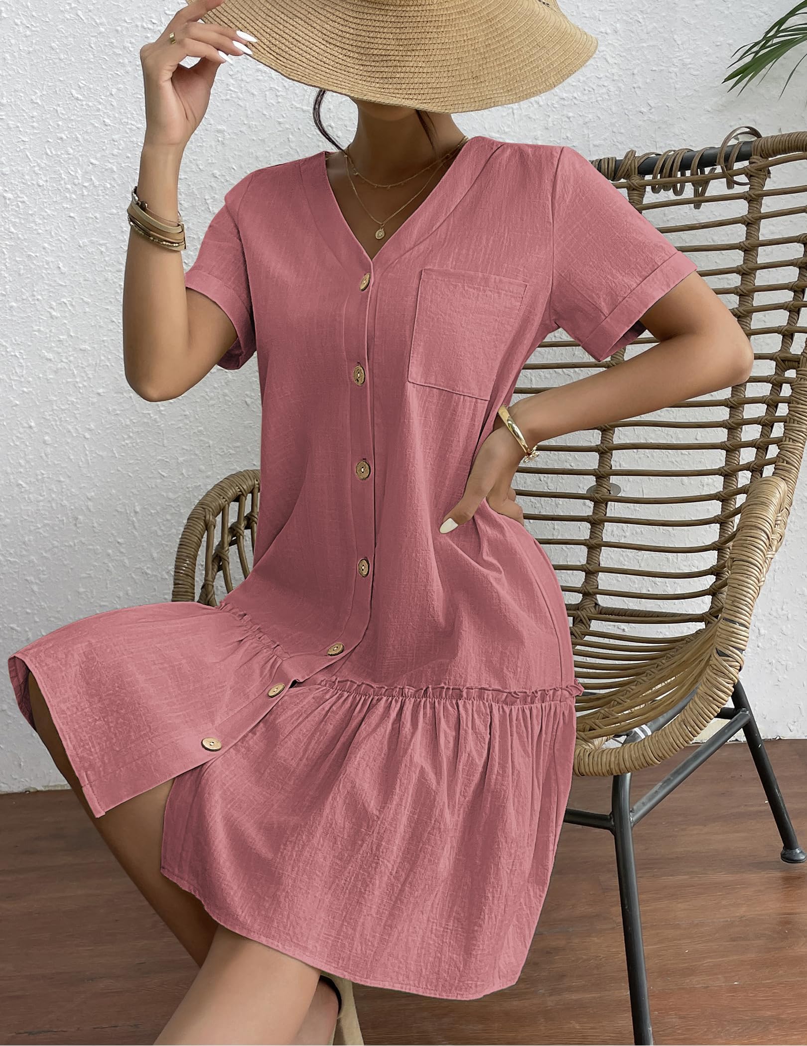 Hotouch Abito estivo da donna, con bottoni, in lino, casual, con scollo a V, a maniche corte, linea ad A, con volant