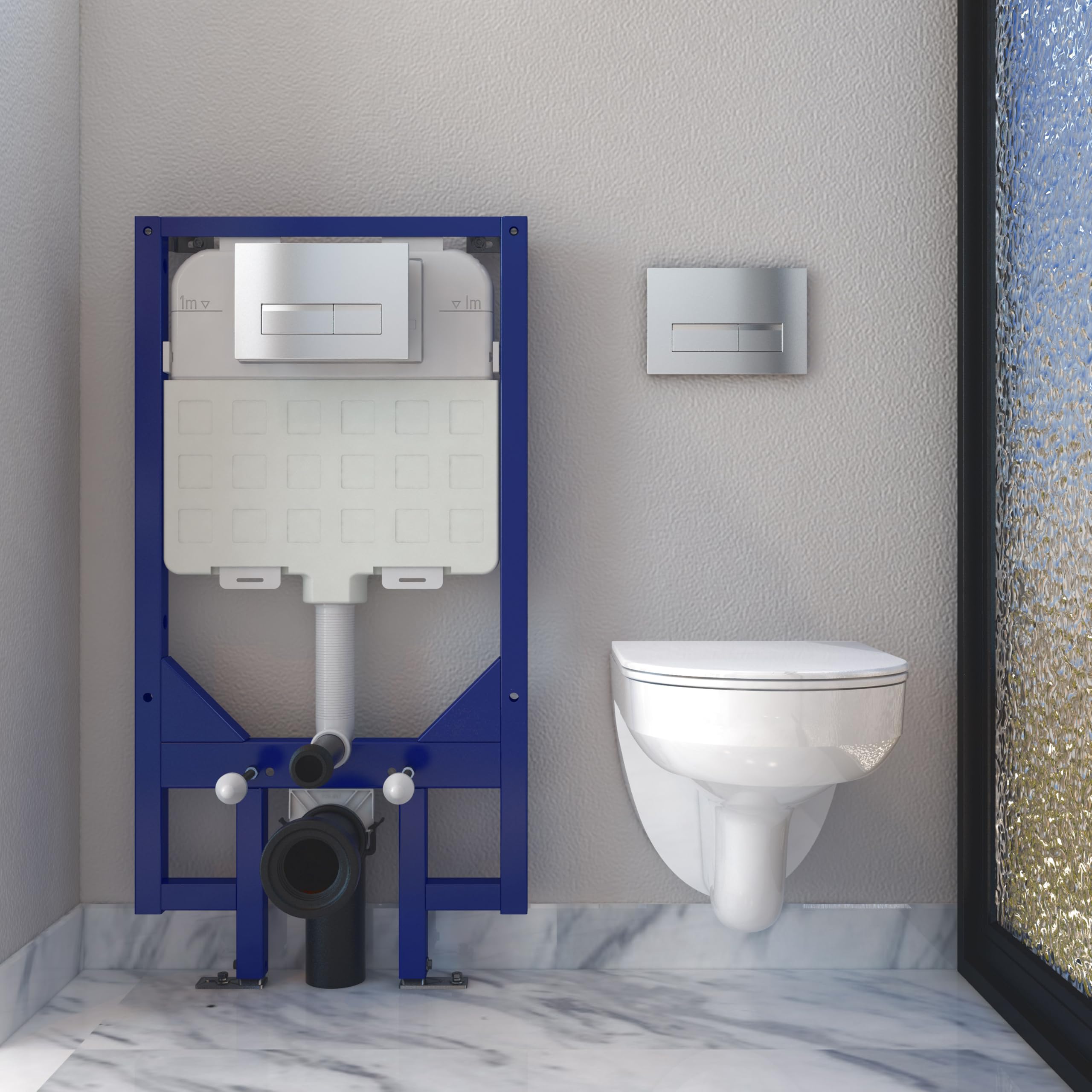 Simple Bathrooms Complete Set-415-Uf+X101 Bathroom Round Rimless Wall Hung Toilet With 1.14M Concealed Cistern Frame Uf Soft Close Seat Wc Pan Short Projection White Ceramic-41101