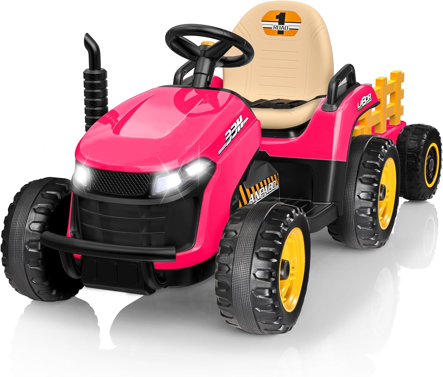 ANPABO 24V Ride On Tractor w/Tiltable & Detachable Trailer, EVA Tires, Up to 4.3Mph, Ride On Toys with Parental Remote, Realistic Tractor Sound & Chimney, Music Player, LED Light, Green