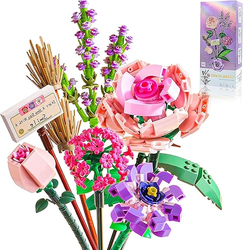 Ramo de flores de construcción, mini ladrillos 6 ramos de flores artificiales para adultos, 547 piezas de plantas y flores para mayores de 6 años