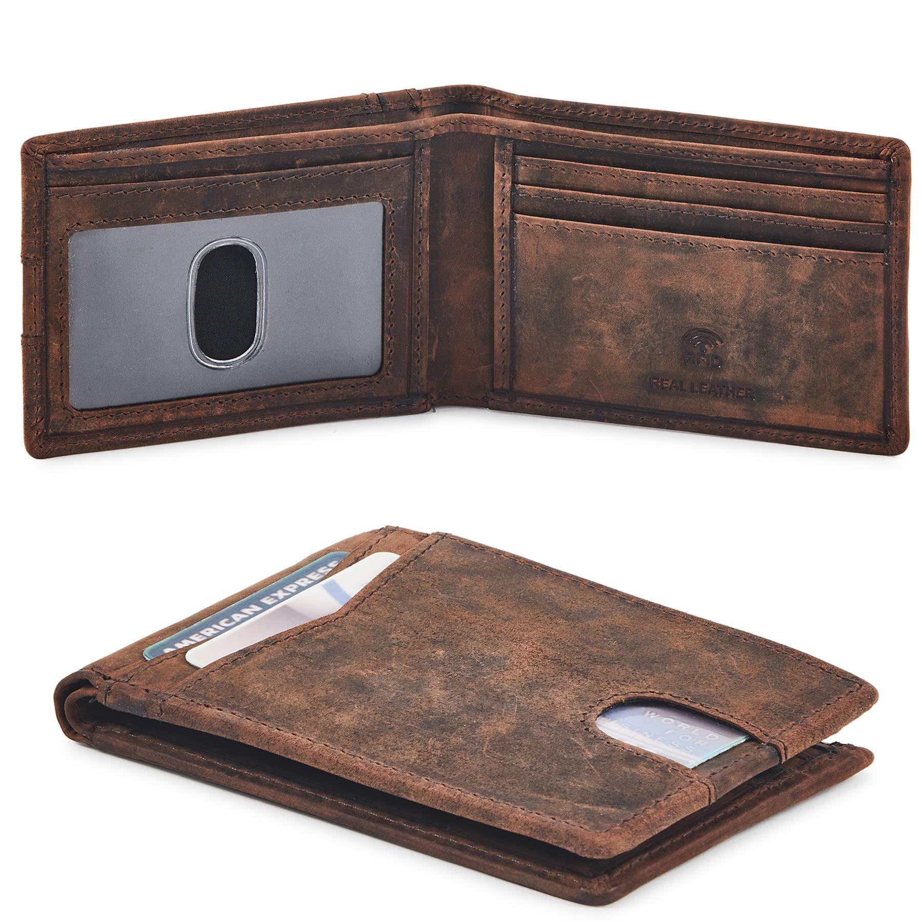 Wallet for Men Bifold Real Leather Slim RFID Blocking Front Pocket Minimalist Stylish Design with ID Window in Gift Box (Crazy Horse, Cognac)