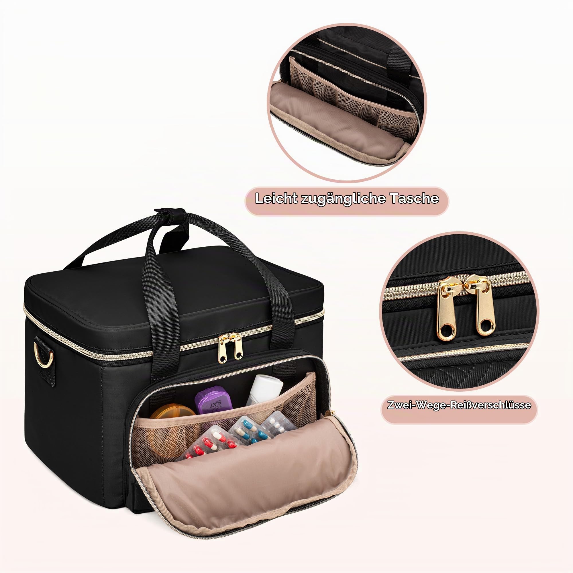 Tasche für Medizinischen Bedarf mit 2 Medikamententaschen, Schwarz | Erste Hilfe Tasche, Organizer für Medikamentendosen, Herausnehmbare Trennwände, Verstellbare Riemen, Nur Leere Tasche