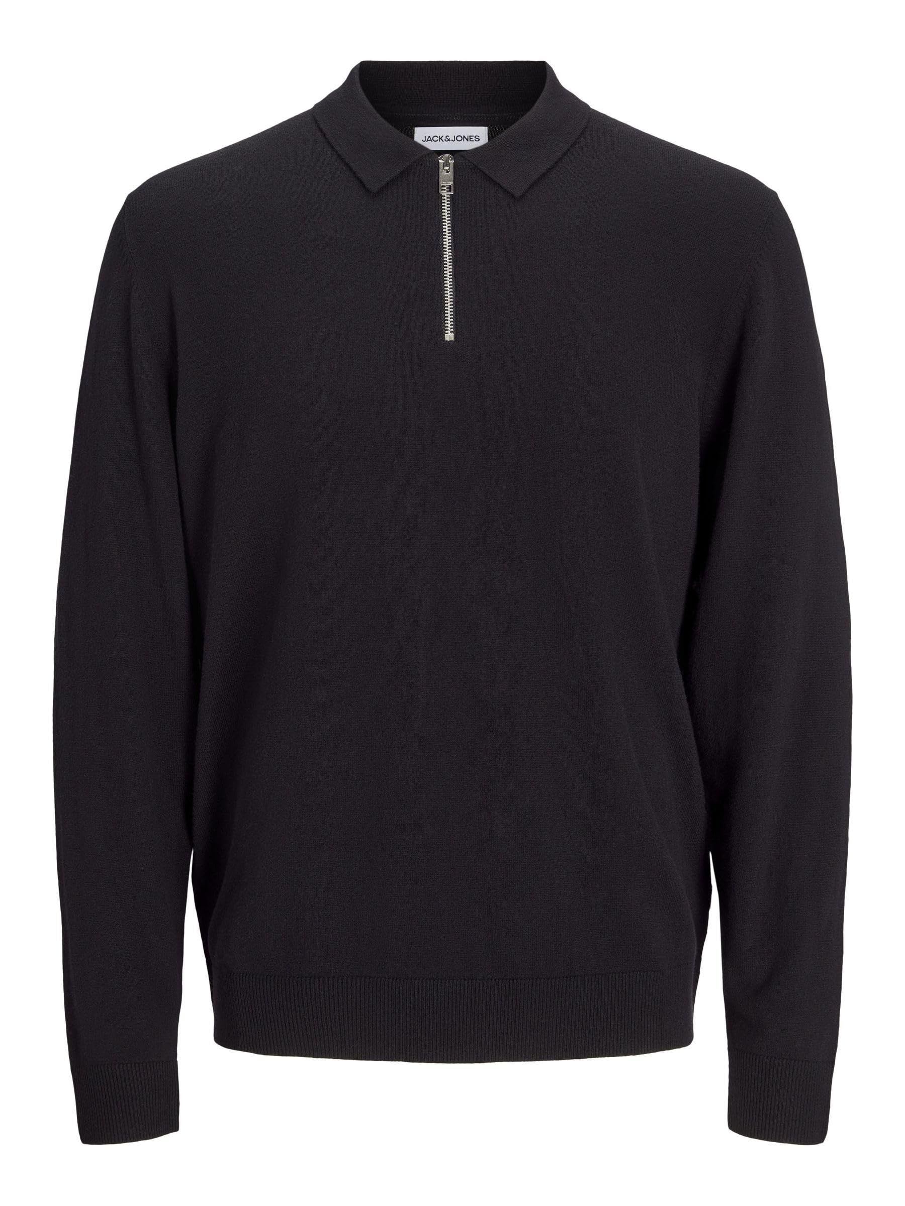 JACK & JONES Men's Jjeemil Knit Polo Half Zip Ls Noos Jumper, Black, XL