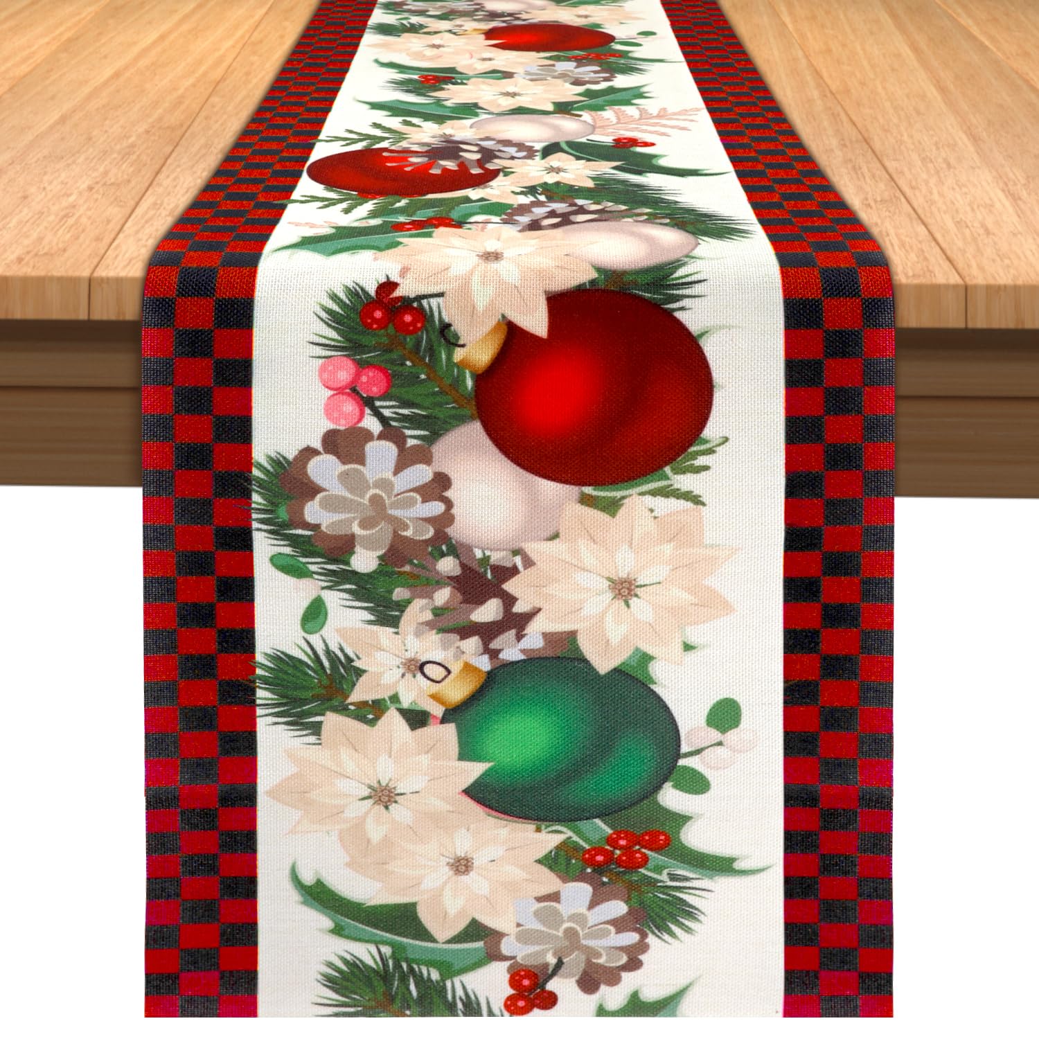Camino de Mesa Navideño, Mantel a Cuadros de 33x180cm Mantel Navideño Mantel de Mesa Navideño para Decoración de la Cocina del Hogar de Vacaciones(Cuadros Rojos y Negros)