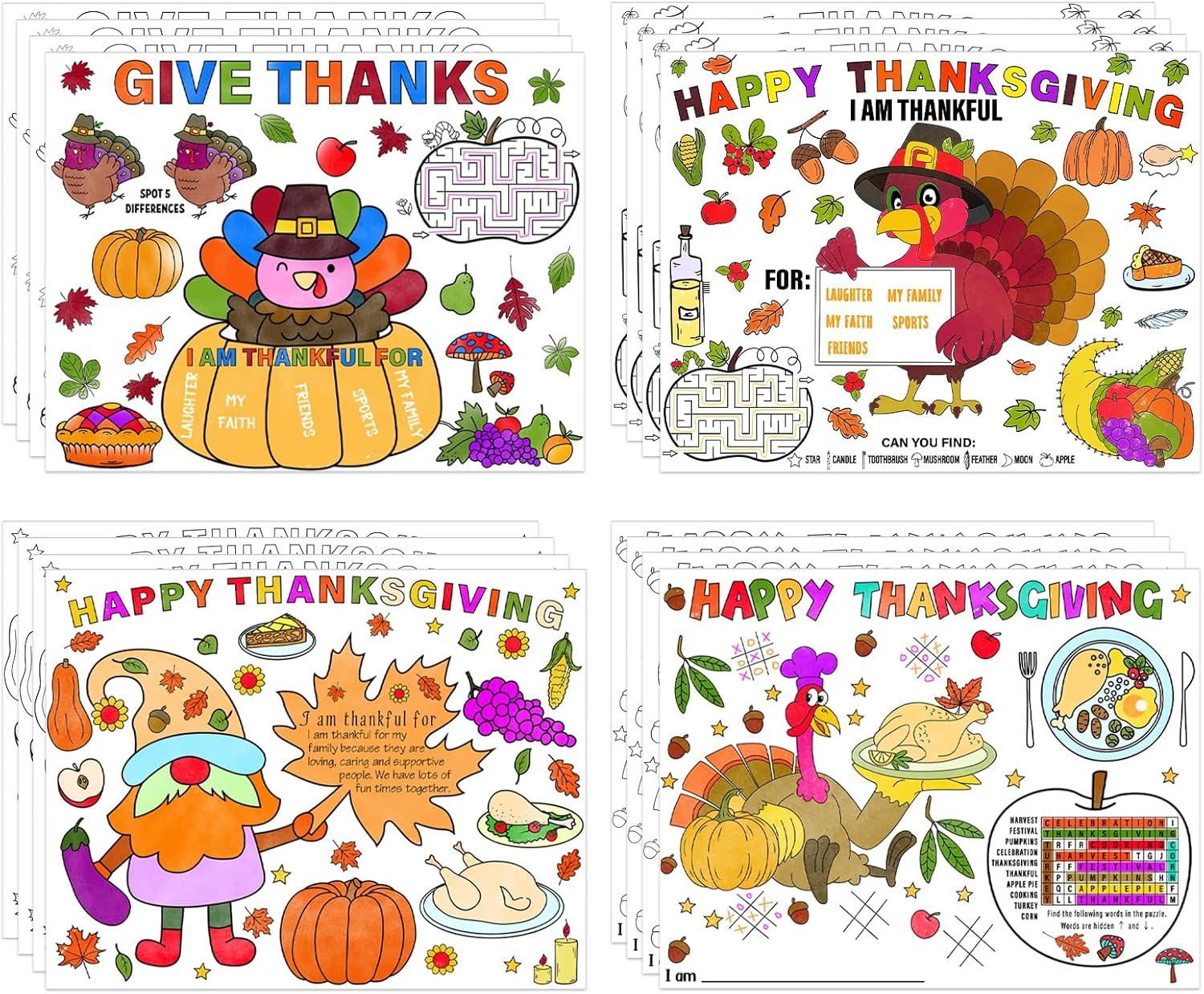 HEYINSHEN Thanksgiving Paper Placemats for Kids to Color