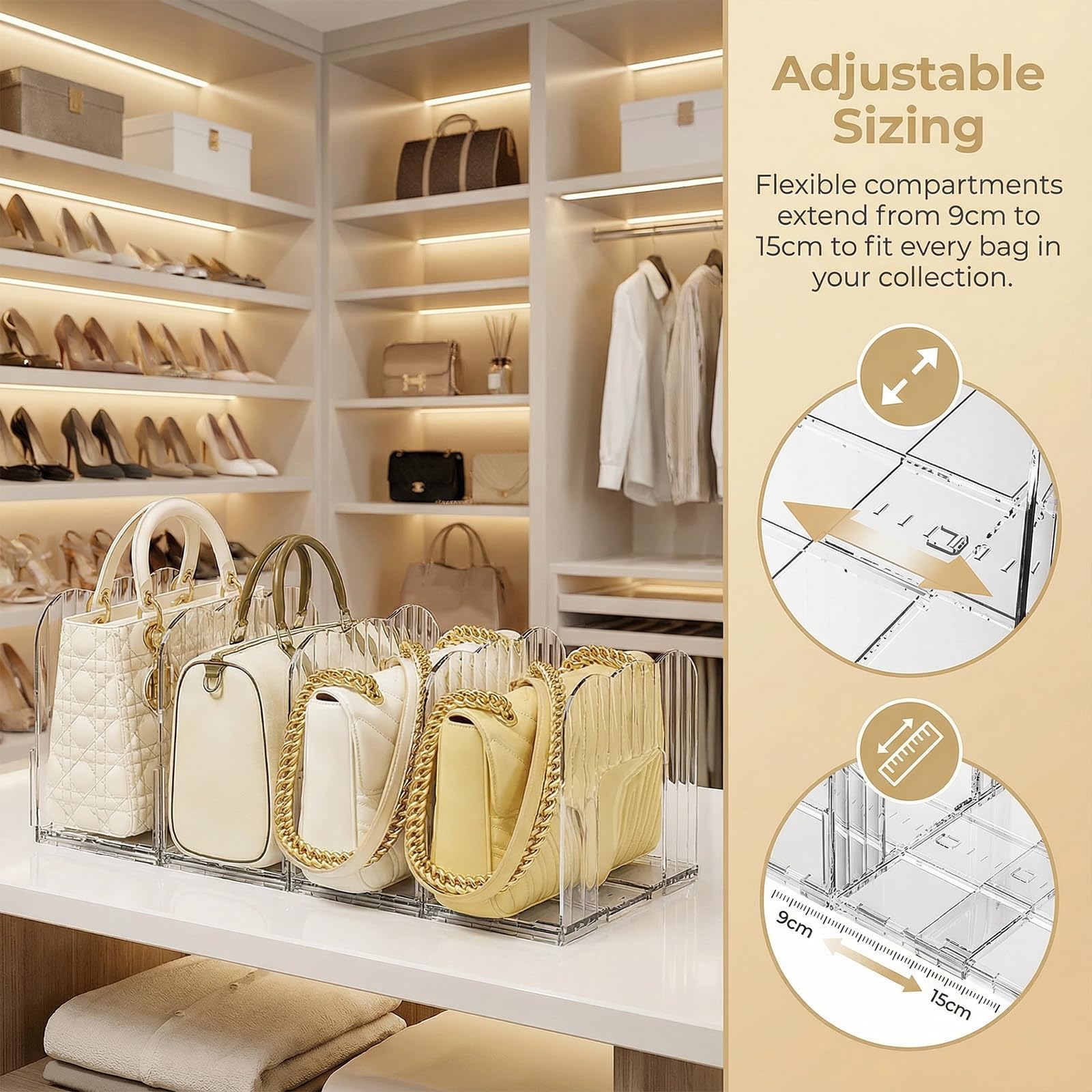 Organizador de Bolsos para Armario, 4 Divisores Ajustables 9-15 cm, Separadores de Estantes