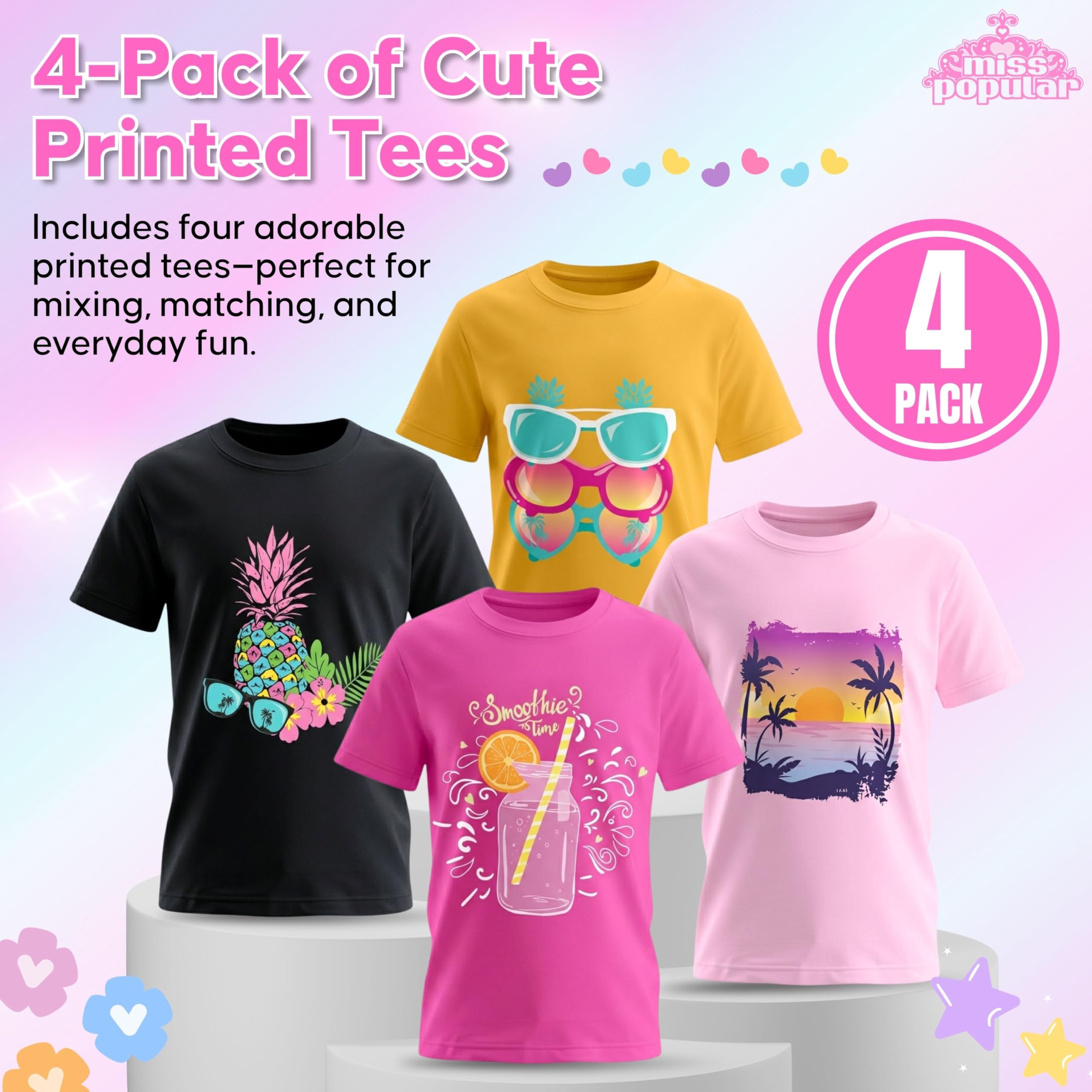 MISS POPULAR Superweiche Kurzarm-T-Shirts für Mädchen, Regenbogen-Schmetterling, Glitzer-Druck, niedliches Design, Größen 7–16, 4er-Pack