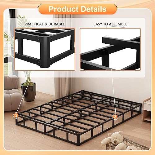 Miniatura 6 de Base de cama con somier para cama Queen de 8 pulgadas, base de cama de metal de alto perfil Queen con funda de tela, base de colchón resistente,