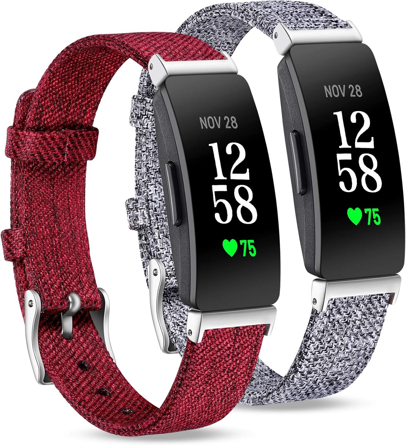 (2 Pack) Witzon Compatible with Fitbit Inspire HR/Inspire/Inspire 2 Bands for Women Men, Woven Fabric Canvas Replacement Wristbands for Fitbit Inspire Accessories Wine Grey, Large