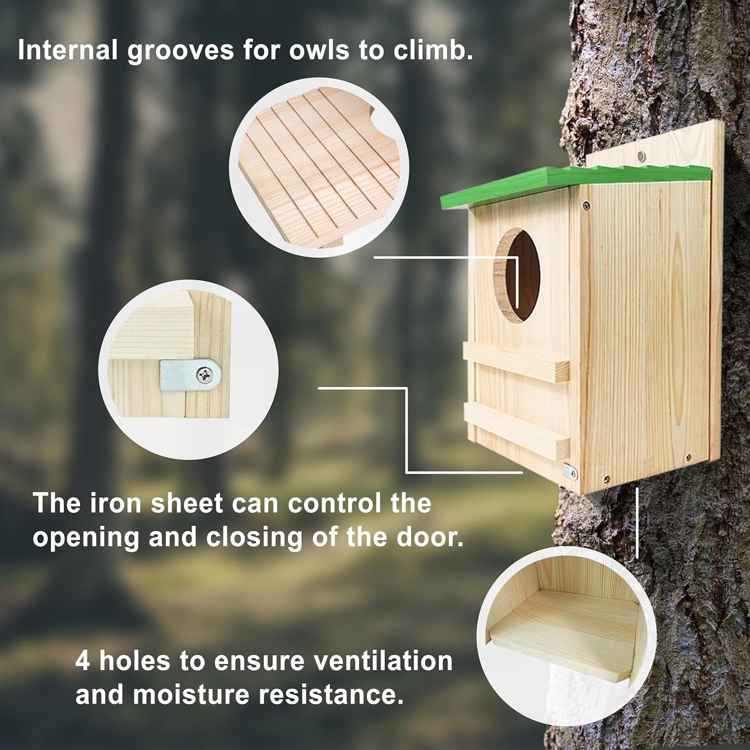 Screech Owl House, Owl Bird Box Large Handmade Wooden Circular Opening Screech Box for Outside with Mounting Screws and A Bag of Wood Shavings, Easy Assembly Required (Green, 9" x 14.5")