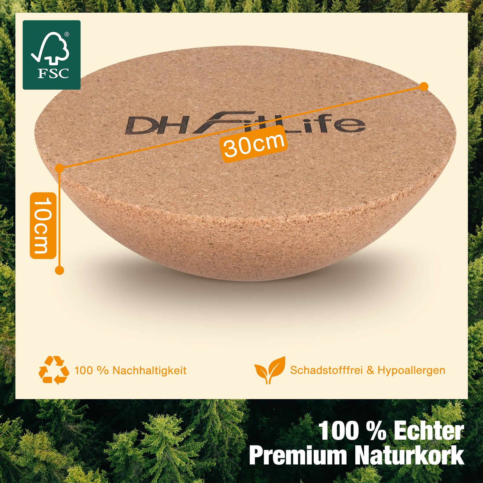 DH FitLife Kork-Halbkugel für Surfing Balance Board Set aus Premium-Kork | 100 % Naturkork｜360° Bewegungsfreiheit｜Rutschfest & bodenschonend｜Universell einsetzbar｜Für Wackelbrett, Plank & Liegestütze