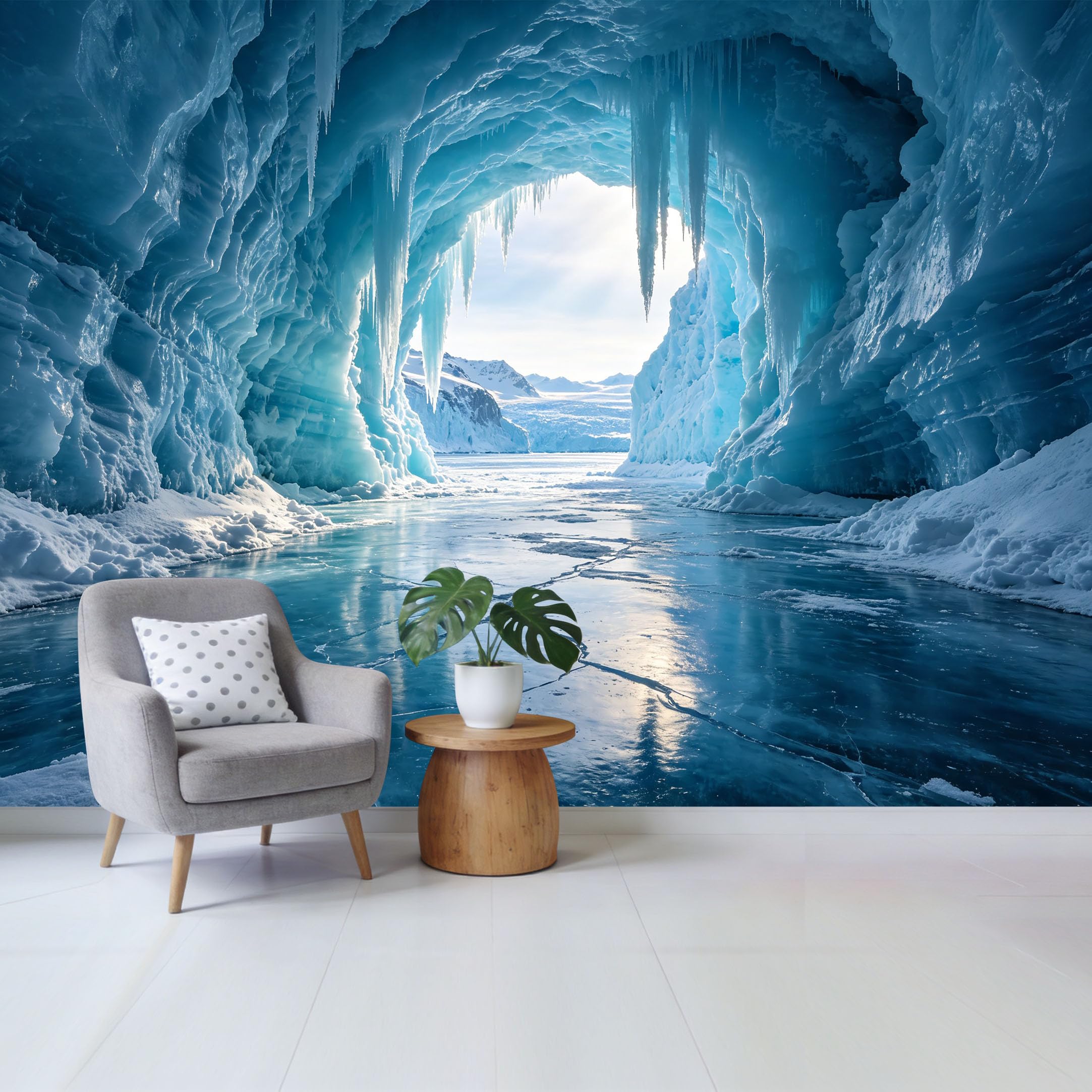 Custom Size Wall Mural Frozen Ice Cave Landscape 3D Trompe L'Oeil Removable Self Adhesive Fabric， Home Wall Decor for Living Room Bedroom Bathroom Background Art