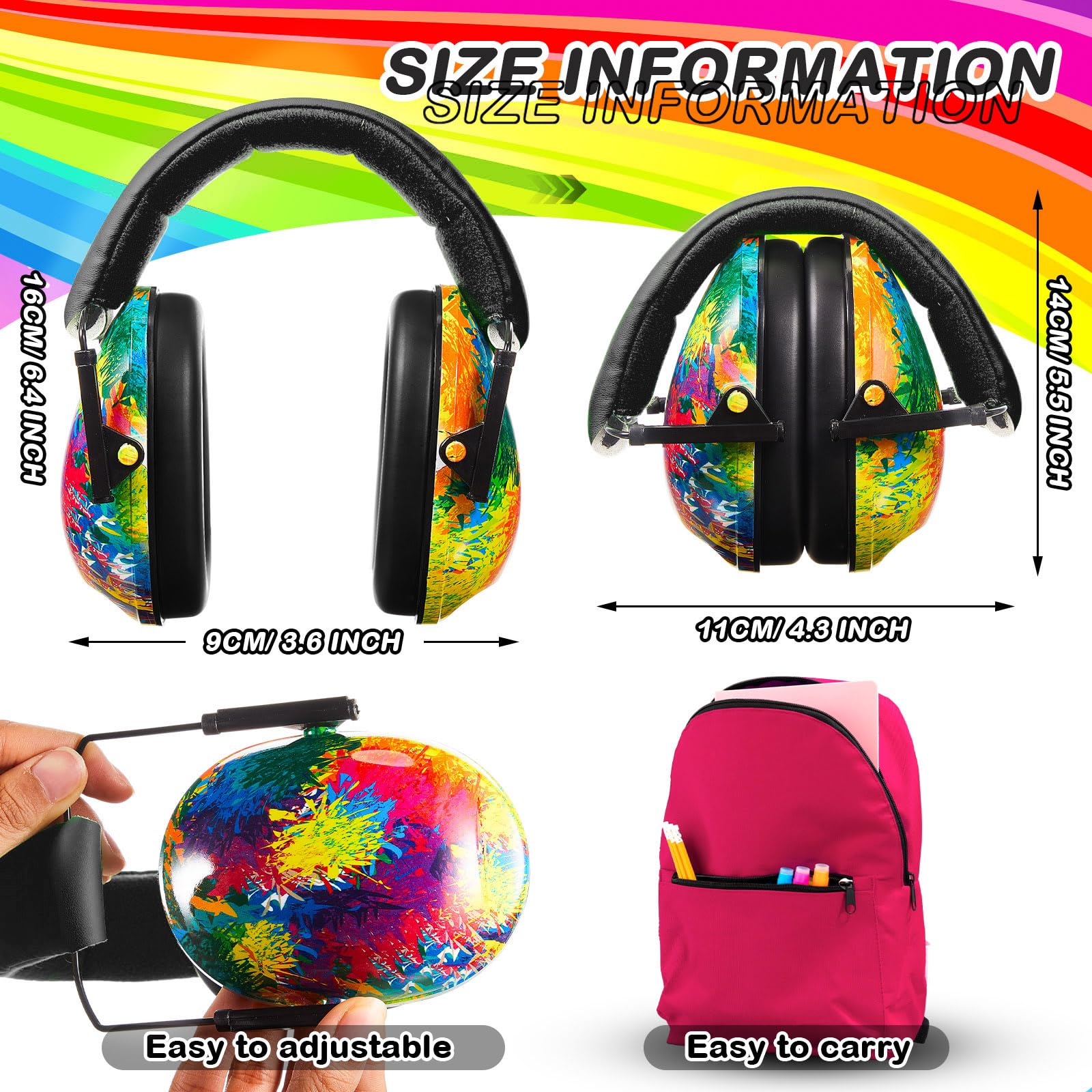 Amylove Kinder-Ohrenschützer, Geräuschunterdrückung, verstellbare Ohrenschützer (helle Farben, Batikfärbung), 6 Stück, Leuchtende Farben, Tie Dye