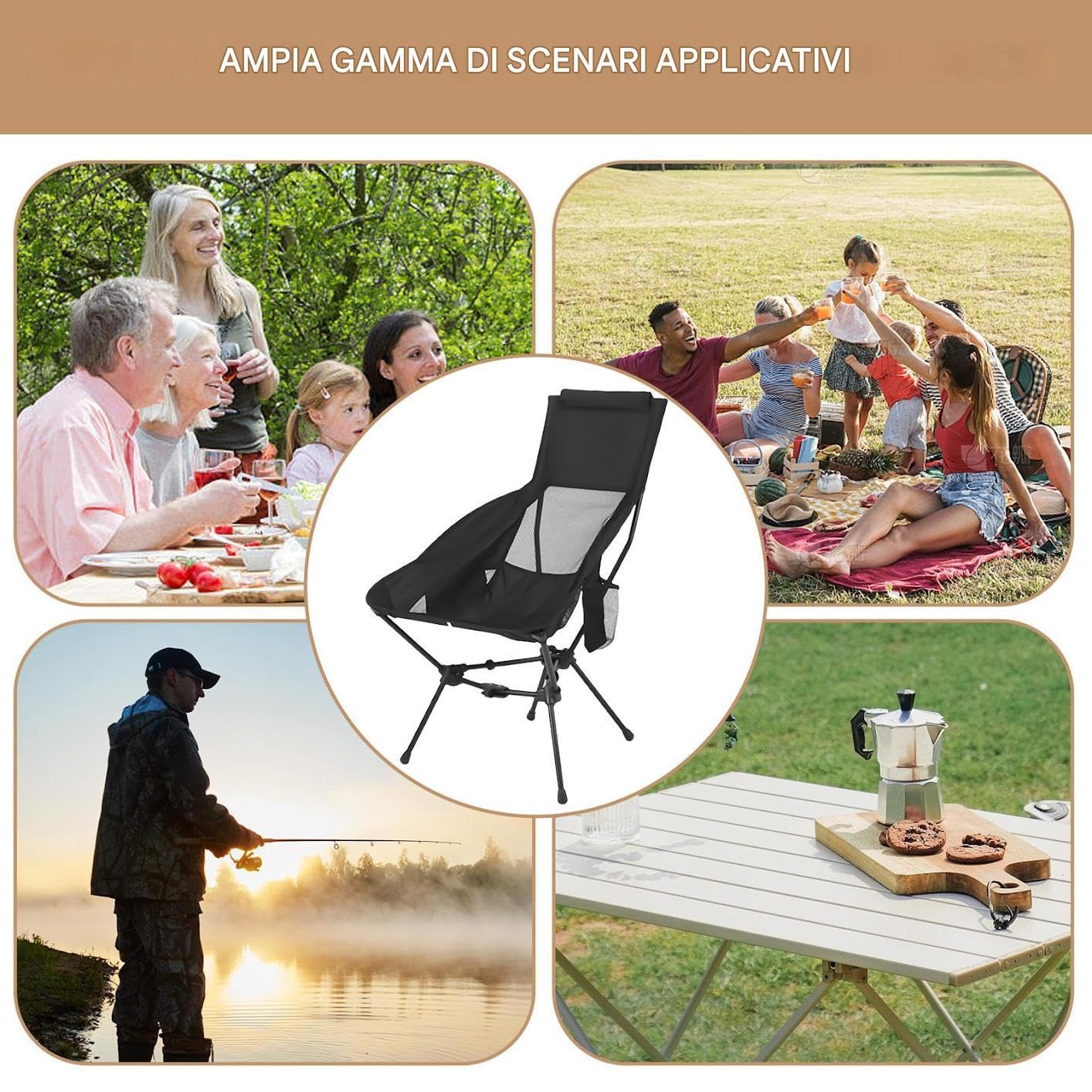 Sedie Pieghevoli Per Esterni Sedia Da Campeggio Ultra Leggera | Seggiolino Compatto Pieghevole Con Supporto Per La Testa Ideale Per Trekking Spiaggia Viaggi Picnic Pesca
