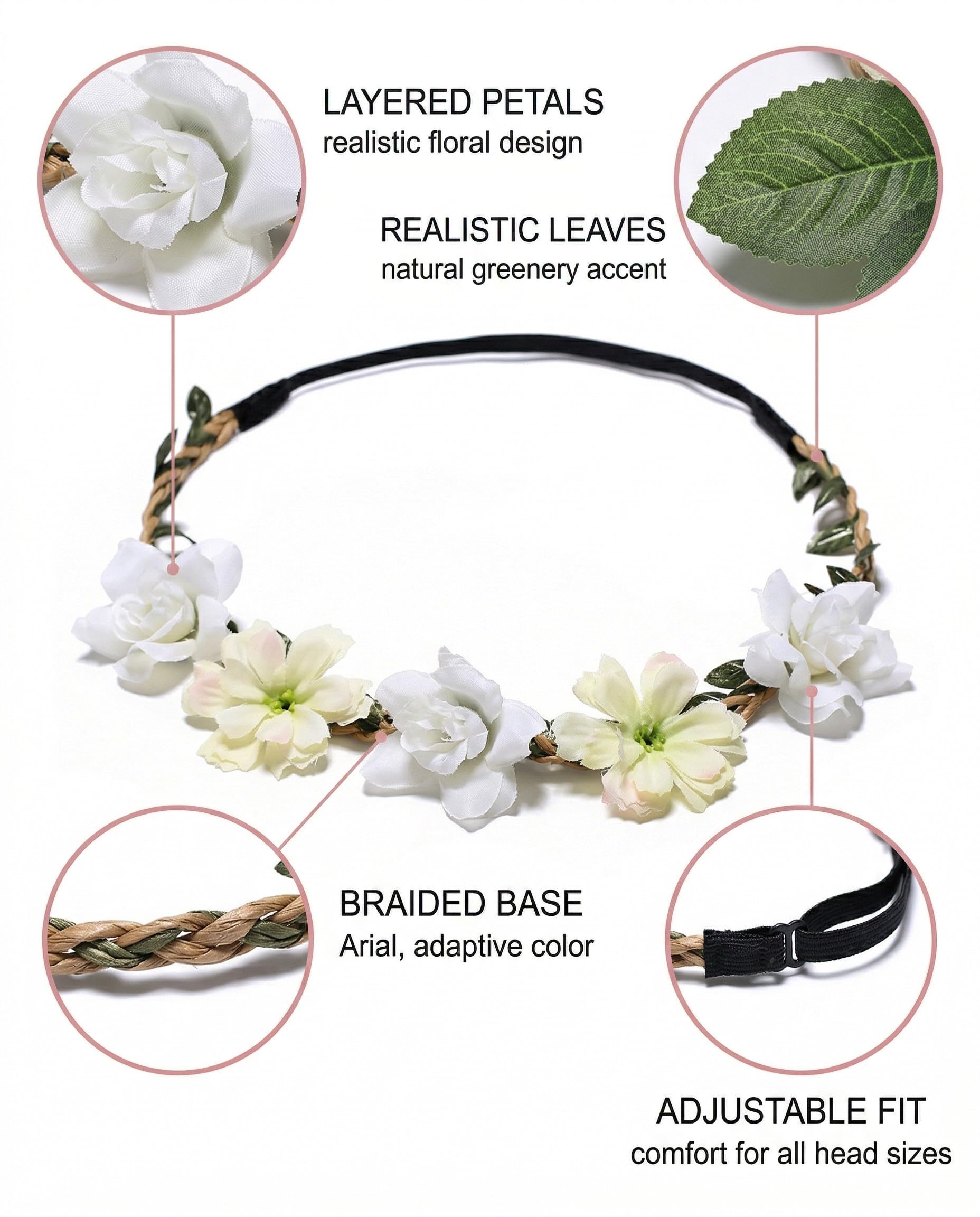 4 Pezzi Coroncine Fiori Capelli Set, Fascia Corona Fiori Regolabile Cerchietto Floreale per Matrimoni, Festival, Feste a Tema, Accessorio Bohémien Donna e Ragazza