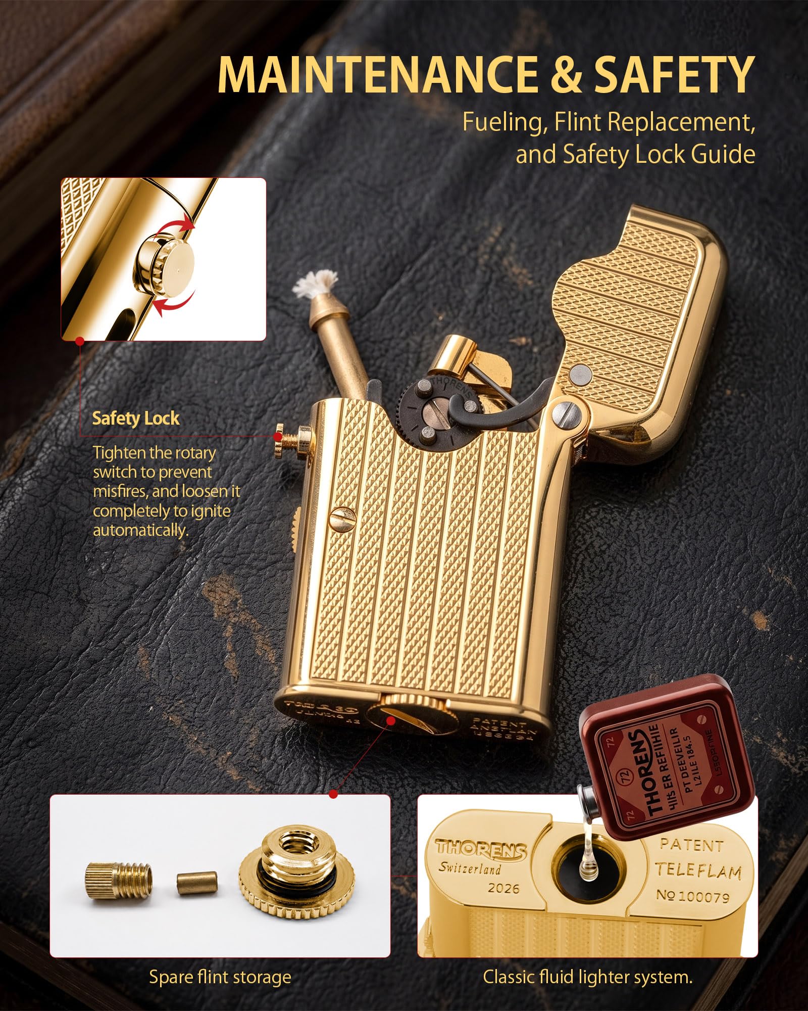 THORENS Gen 7 - Single Claw - TELEFLAM - Fluted Gold Mechero de Queroseno | Latón, llama suave automática, brazo telescópico para cazoleta de pipa, bloqueo seguro, caja regalo, regalo hombre