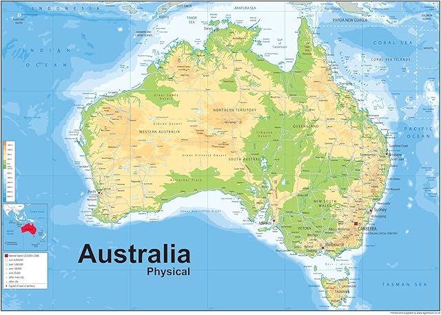 Physical Map of Australia - Size A1-59.4 x 84.1cm - Paper Laminated
