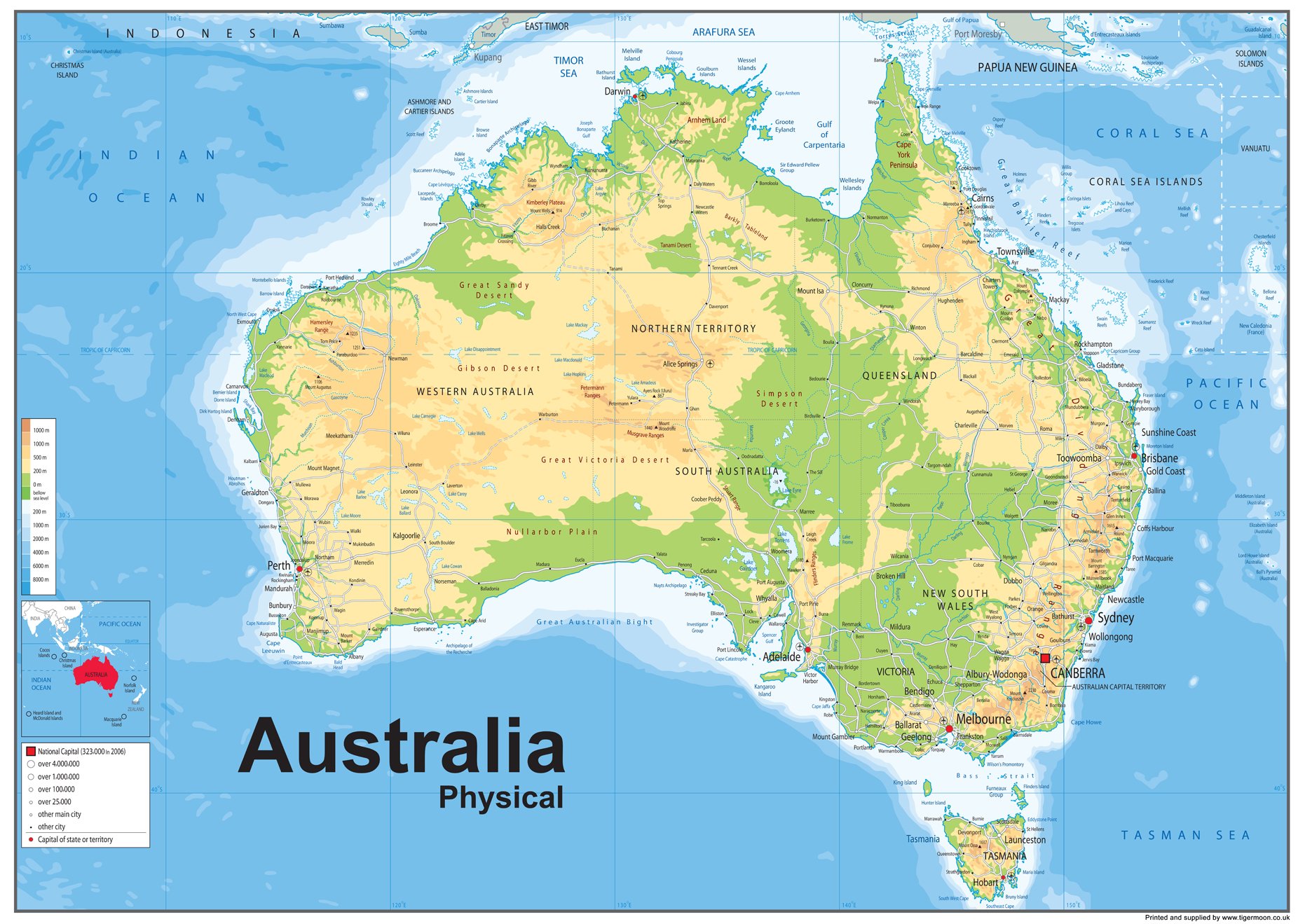 Physical Map of Australia - Size A0-84.1 x 118.9cm - Paper Laminated