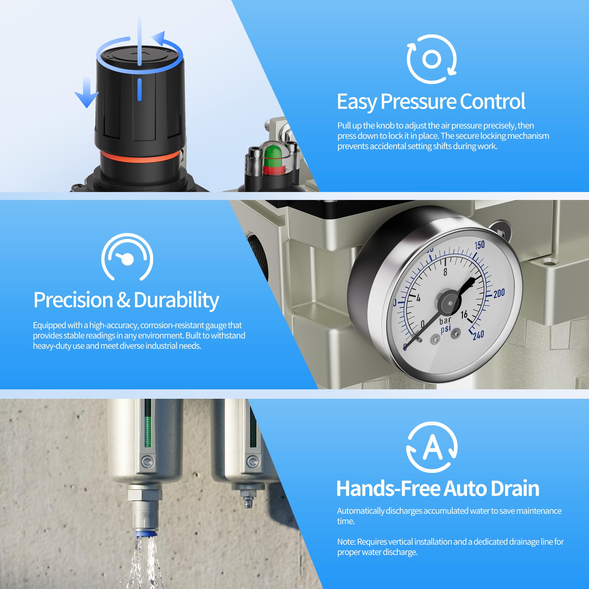 Separador de agua de compresor de aire NPT de 3/4 pulgadas, sistema de secado de aire industrial de 4 etapas para compresor, regulador de filtro de aire de alto flujo, separador de agua de aceite de
