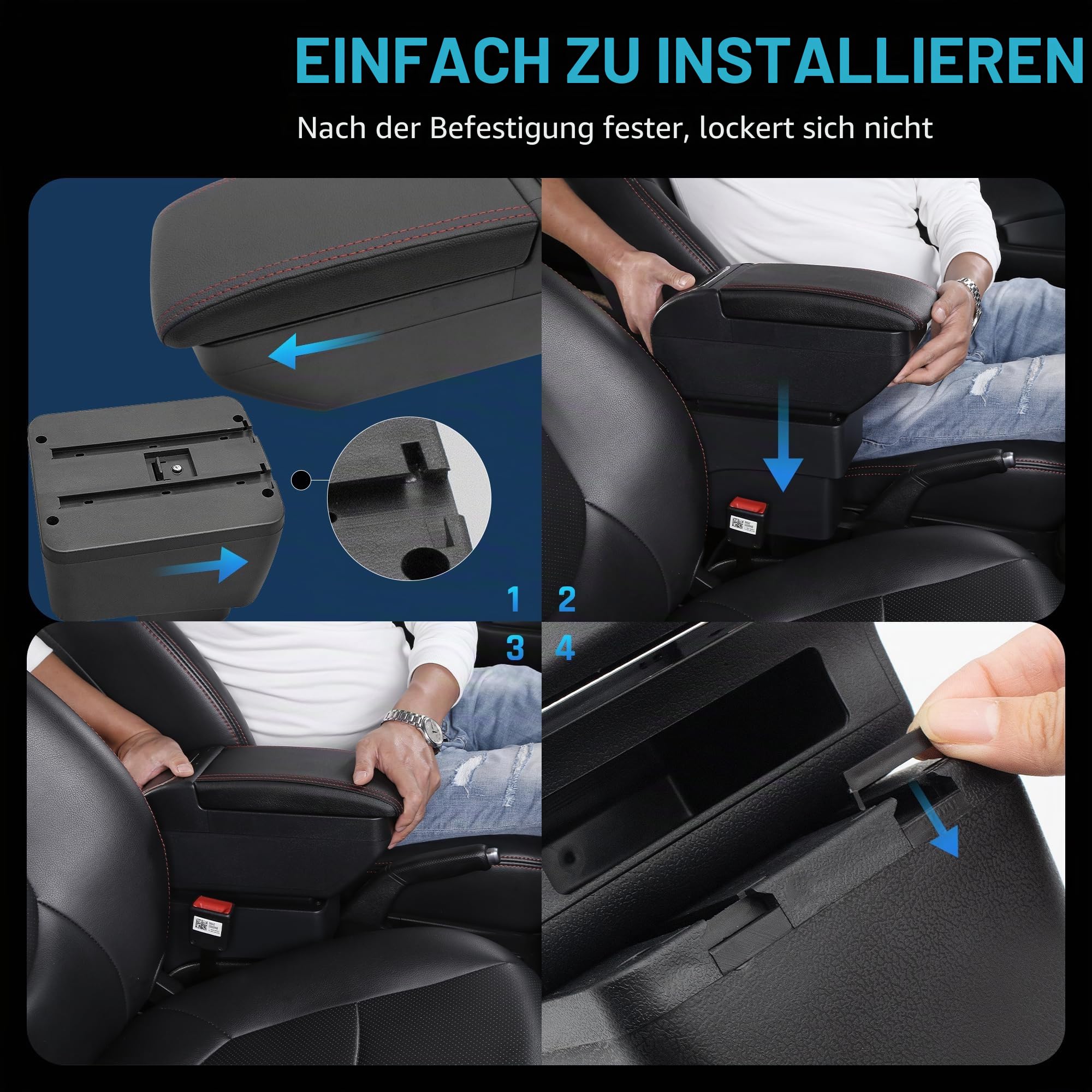 Auto Armlehne für Ford Fiesta 2009-2017 Doppelschicht Mittelkonsole Große Aufbewahrungsbox mit 4 USB-Ladeanschluss Becherhalter Zubehör Schwarz
