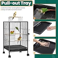 Vista 7 de Yaheetech Jaula para pájaros de hierro forjado de 35 pulgadas con parte superior abierta de juego y soporte rodante para pájaros pequeños como
