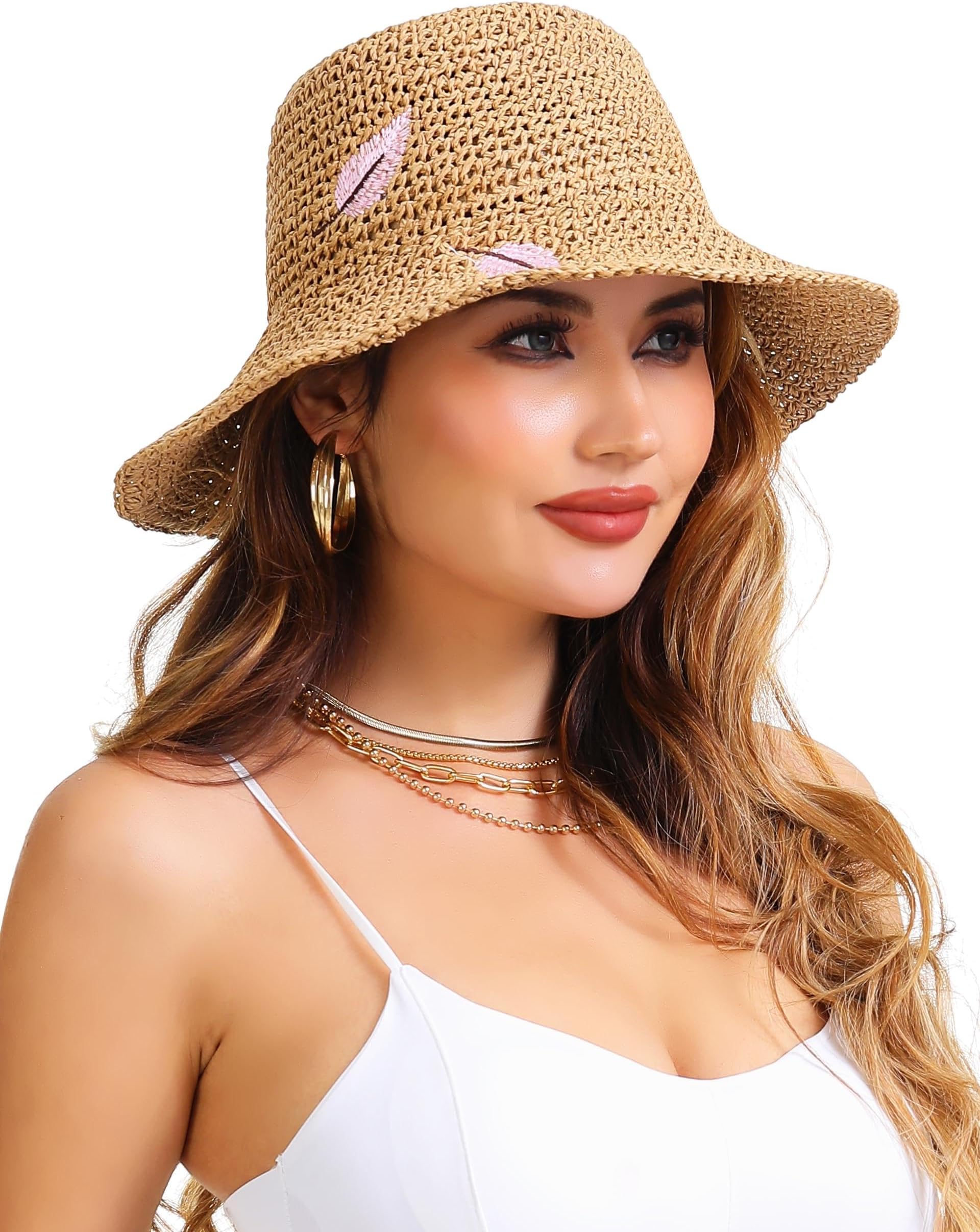 – Women’s Wide Brim Sun Hat, Packable & Foldable Floppy Beach Hat with UPF 50+ UV Protection, Lightweight Straw Hat with Embroidery for Summer Travel, Outdoor, Pool, Fishing