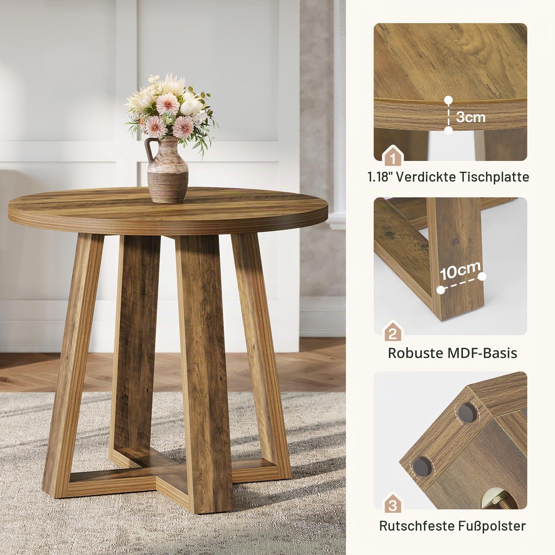 Tribesigns Runder Esstisch für 2-4 Personen, 80 cm Küchentisch für Kleine Räume, Wohnzimmer, Küche, Apartment, Landhaus-Stil, Rustikal Braun