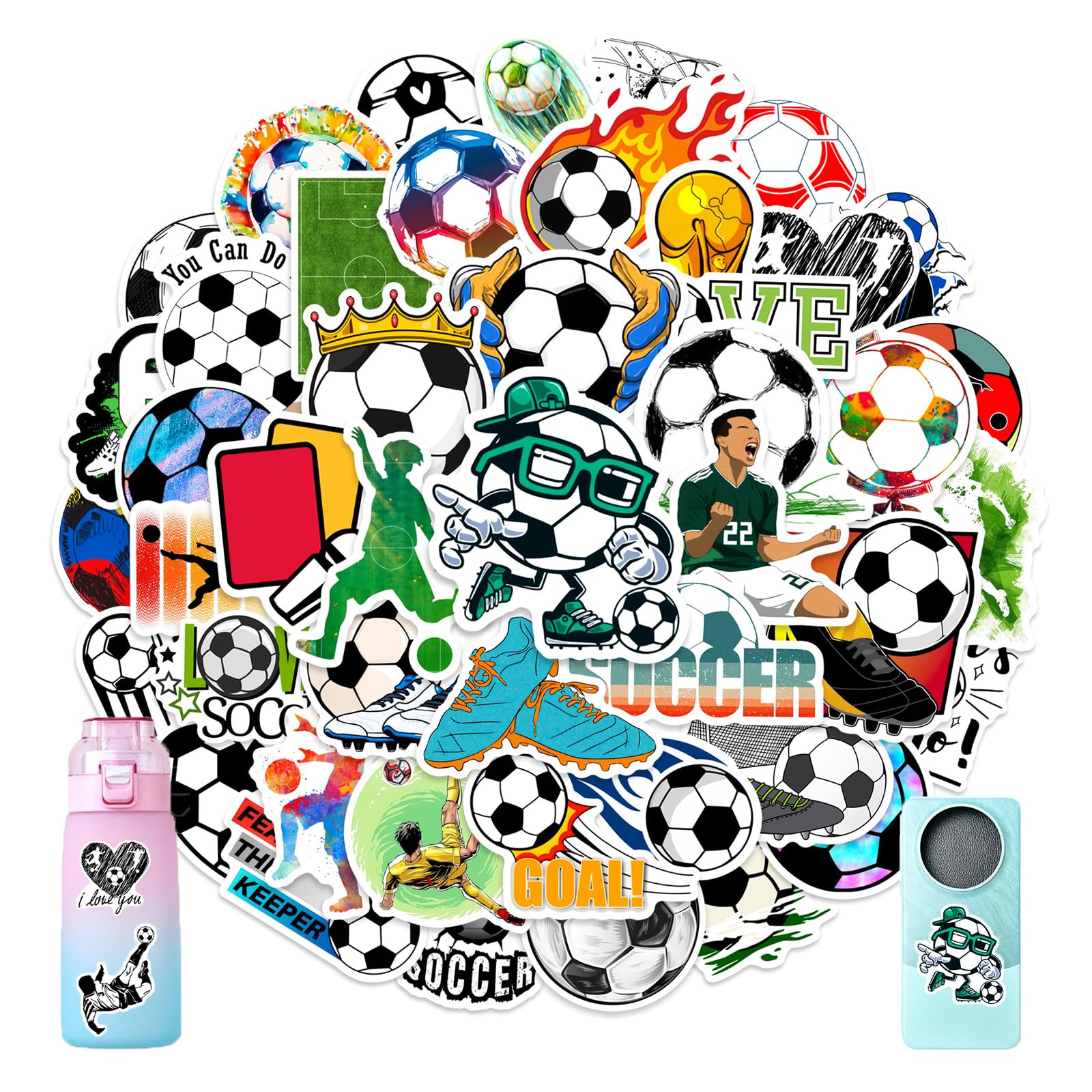 50Pcs Soccer Stickers for Journal Scrapbook, Sports Football Vinyl Laptops Decals for Water Bottles Guitar Bumper Luggage, Kids Teens Adults Love