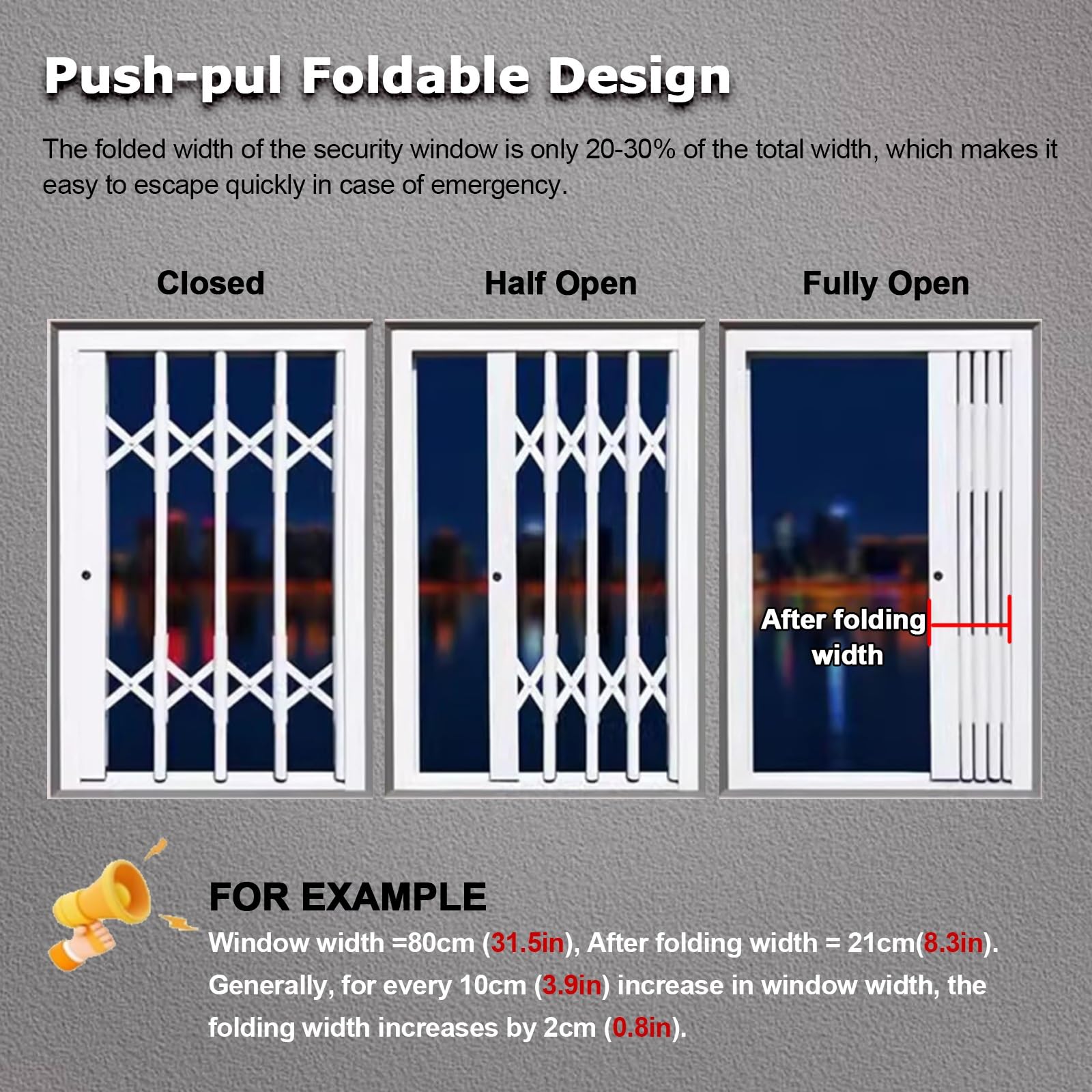 Barandilla plegable de aluminio retráctil, barras de seguridad autoinstalables para interiores y exteriores con bloqueo antirrobo para ventanas, 67 x 47.2 pulgadas