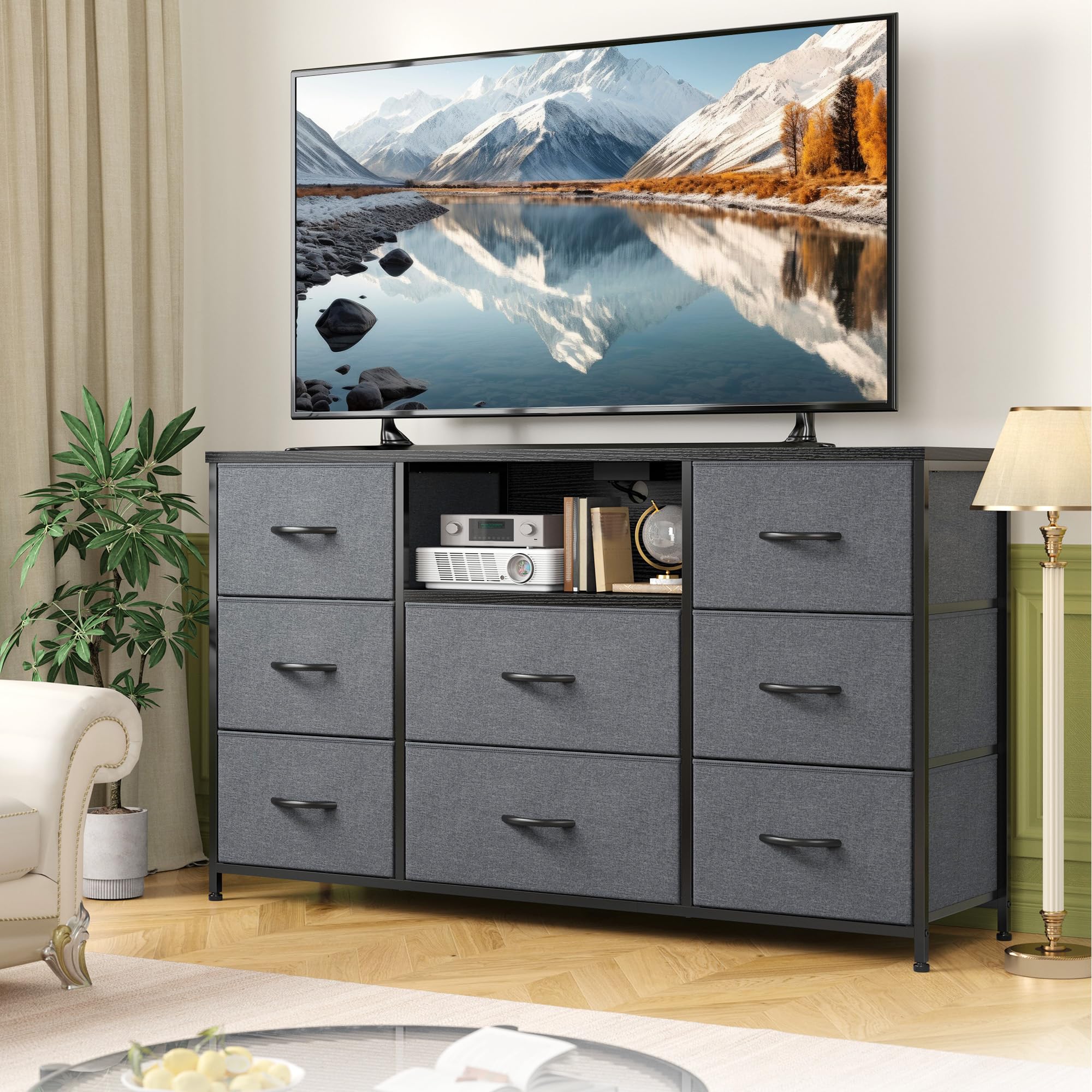 EnHomee Dresser for Bedroom with Charging Station, 8 Drawers Dressers & 55 inch TV Stand for Bedroom, Fabric Chest of Drawers with Open Shelves, Sturdy Dresser for Closet Living Room, Hallway, Grey