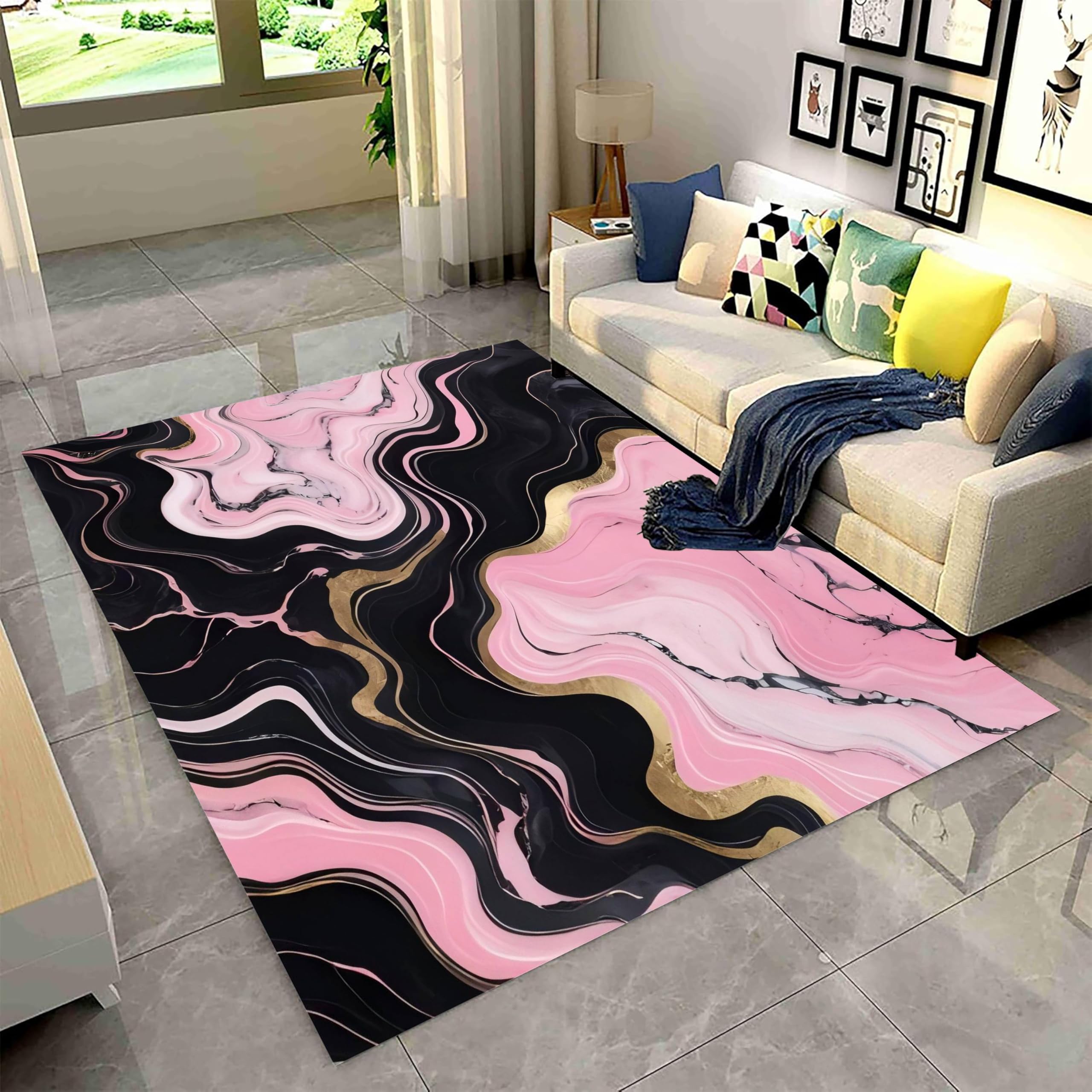 Marble Area Rug，5x7ft Luxury Black and Pink Gradient Texture Carpet，Low Pile Print Decorative Rug, Anti-Slip Rug for Living Room Bedside Sofa