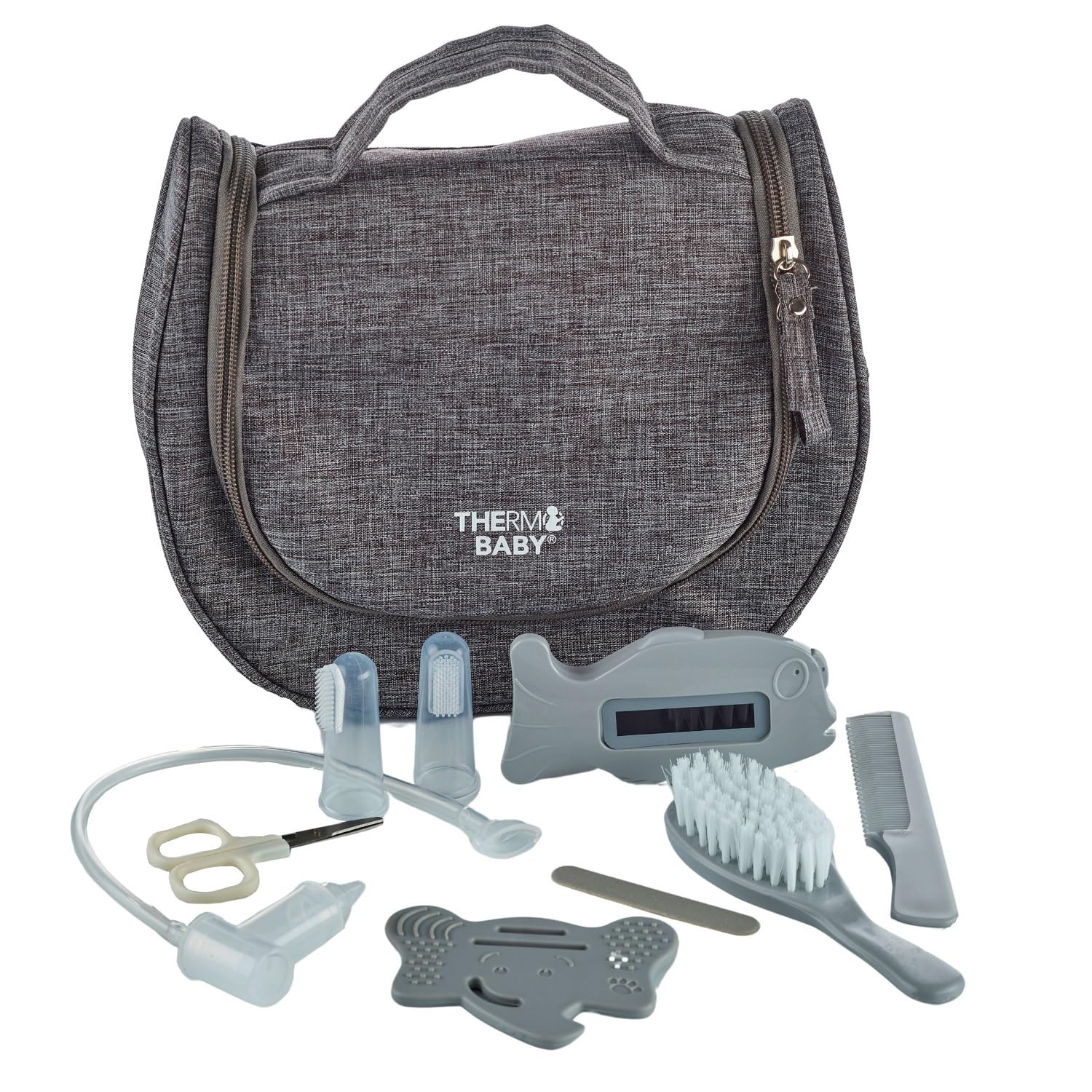 THERMOBABY Pflegeset mit 9 Zubehörteilen – Thermometer – Bürste – Kamm – Schere – Feile – Beißring – Fliege Baby – Fingerbürste – ab der Geburt