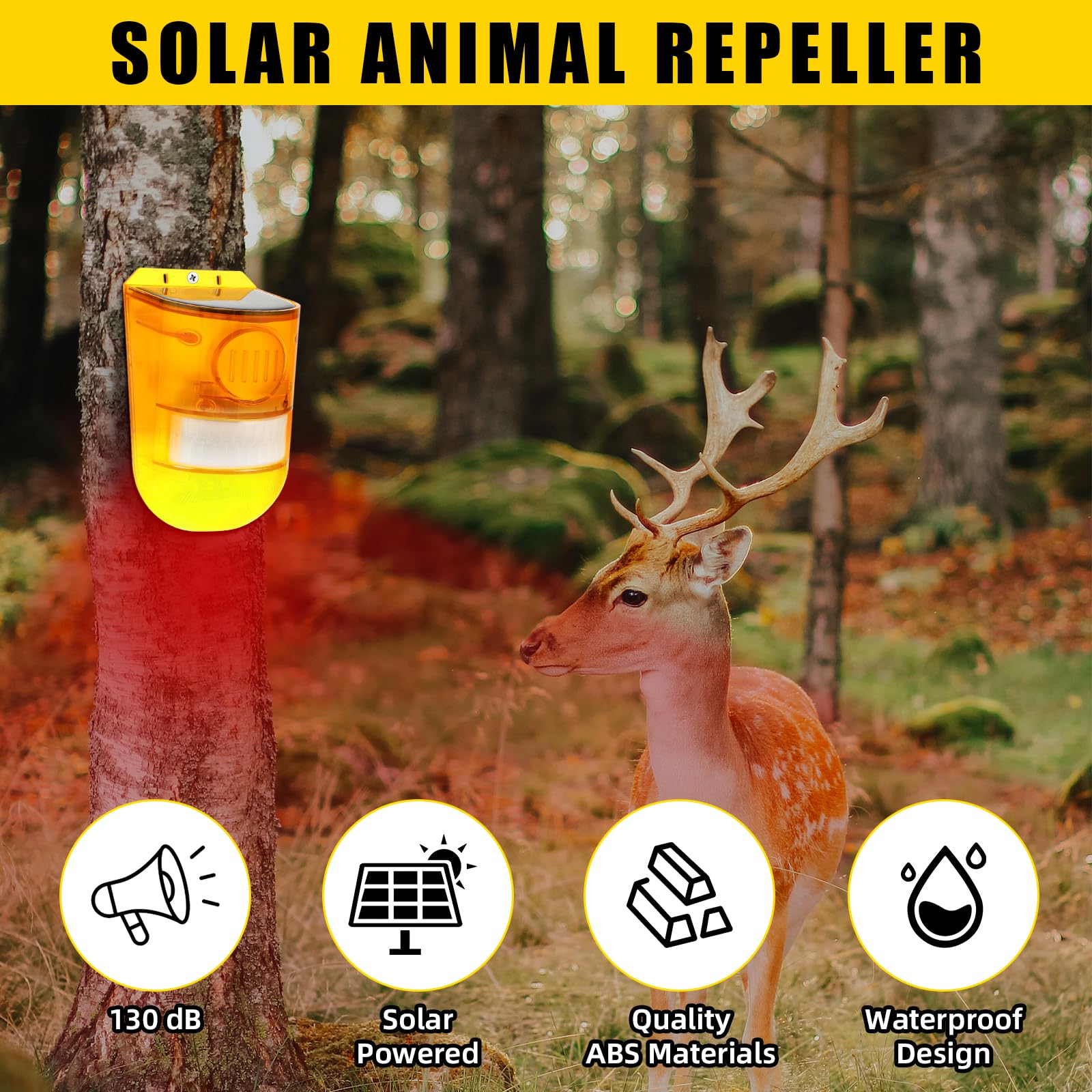 Qualirey Paquete de 4 sensores solares de sonido y luz, alarma de movimiento para exteriores, detector de movimiento solar, sirena disuasoria de animales, advertencia estroboscópica, luz roja, ruidosa