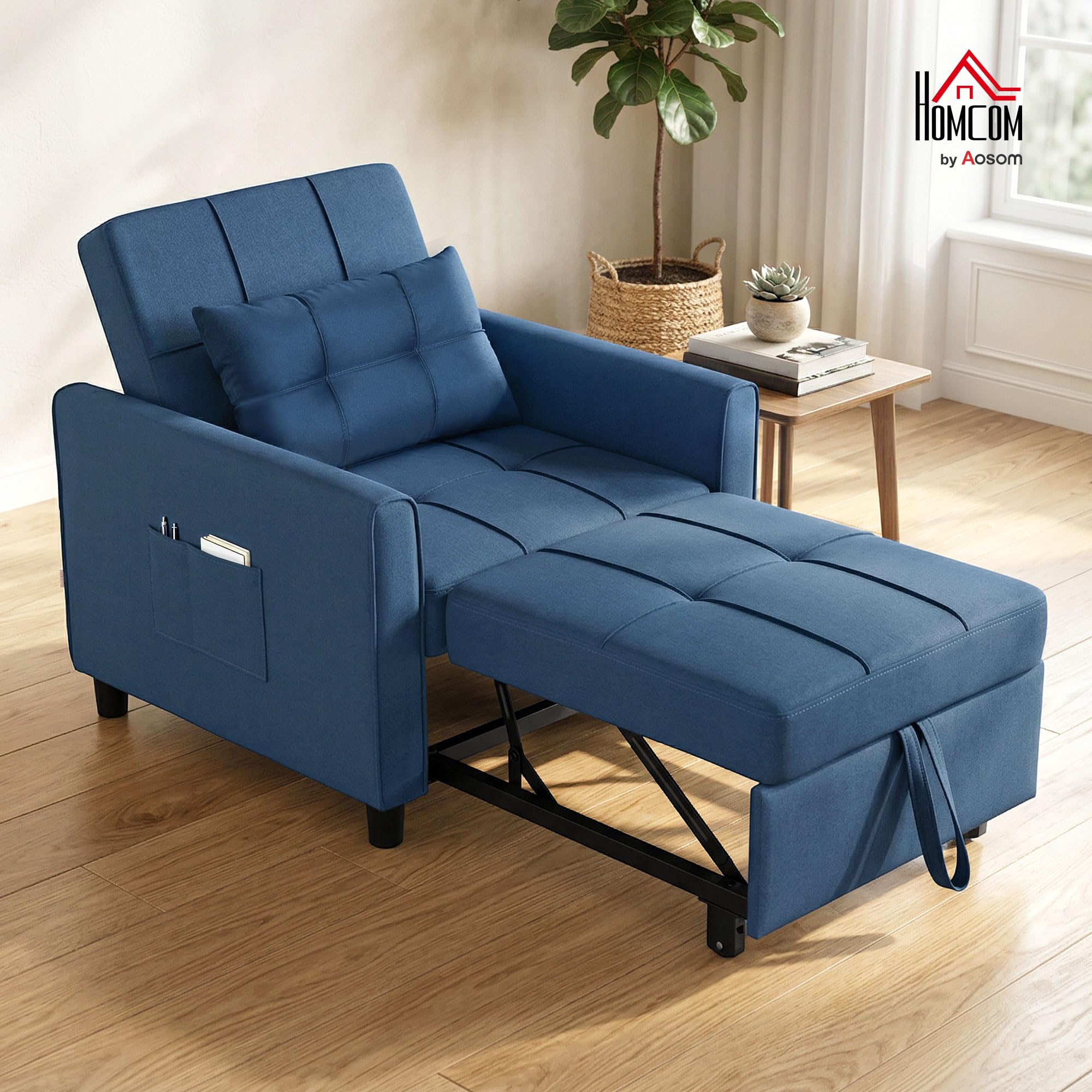 HOMCOM Poltrona Letto Singolo 3 in 1 con Schienale Reclinabile su 3 Livelli, 2 Ruote, Cuscino, Divano Letto Singolo Pieghevole in Tessuto Effetto Lino e Legno, 69x82x85cm, Blu