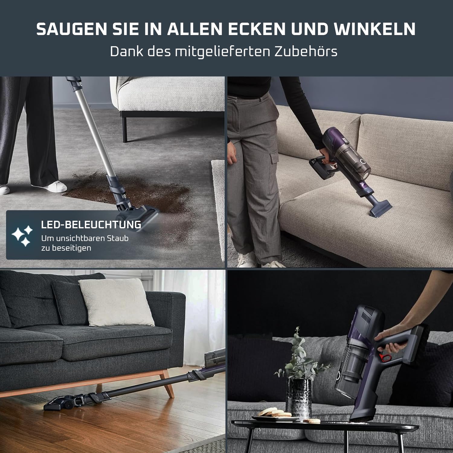 Rowenta X-Pert 6.60 Essential Akkustaubsauger, 100 W Leistung, 45 Min Laufzeit, kabellos & beutellos, LED-Bürstenkopf, herausnehmbarer Akku, inkl. Fugendüse und Wandhalterung, violett/schwarz, RH6838
