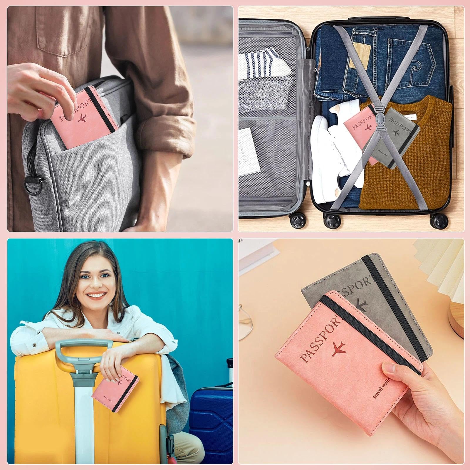 Lot de 2 Protege Passeport Pochette Passeport avec Blocage RFID Porte Passeport Etui Pochette Voyage PU Cuir Protection Cover pour Carte de CréDit, Carte Bancaire Argent (Rose, Gris)