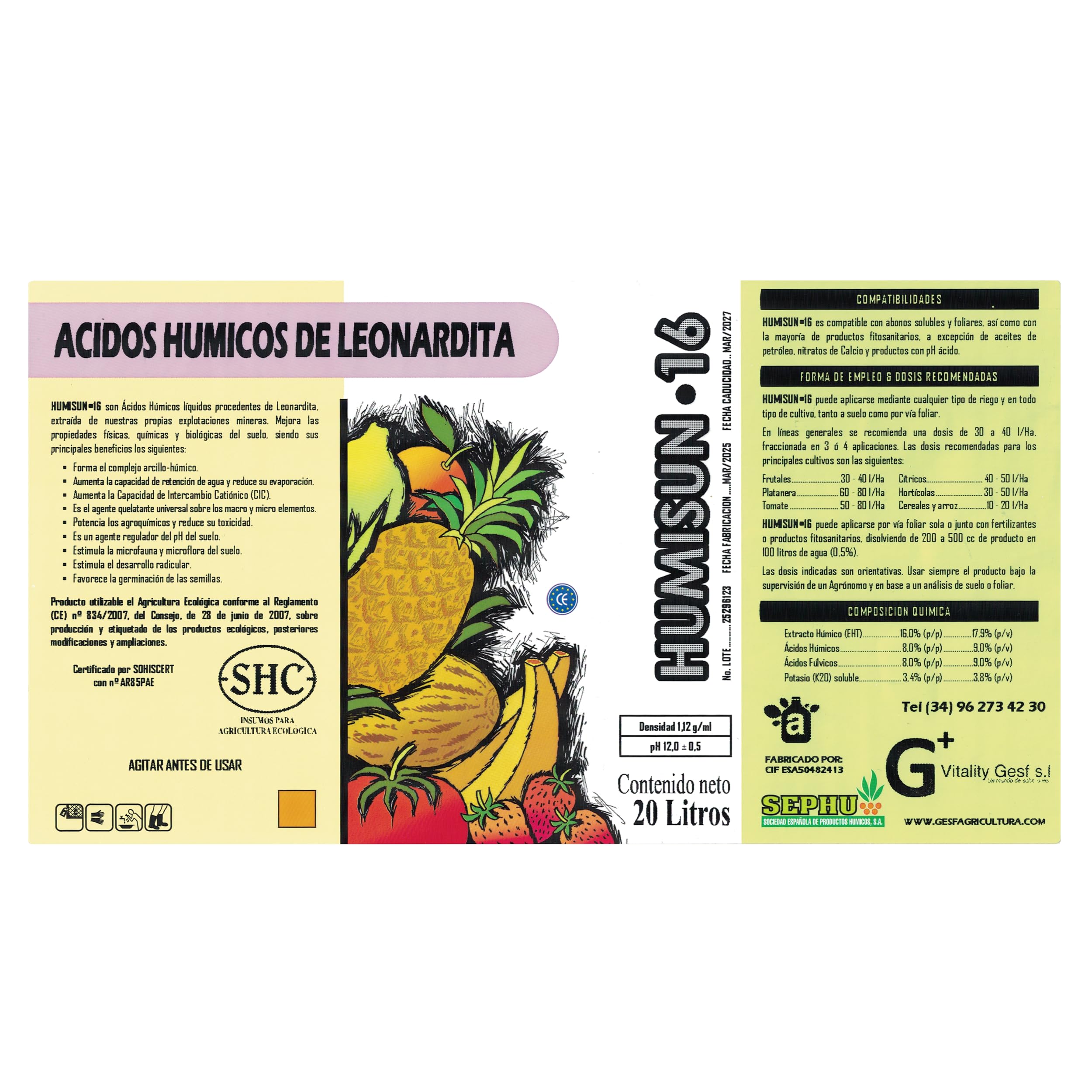 HUMISUN 16 – Fertilizante Orgánico Líquido de Leonardita con Ácidos Húmicos, Fúlvicos y Potasio – Agricultura Ecológica – Formato 20L