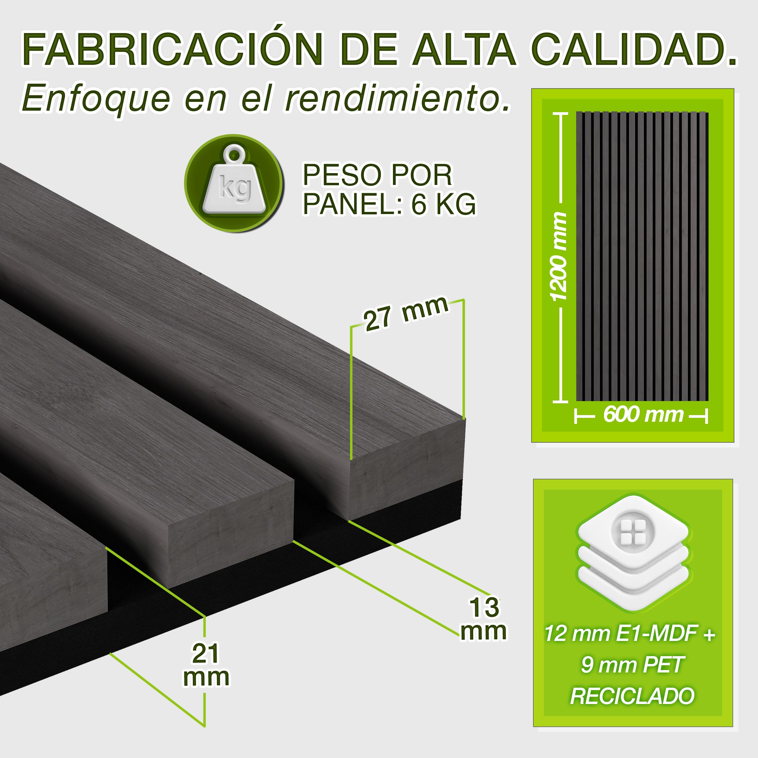 TRESKO 2 paneles acústicos de madera de 120 x 60 cm, incluye 4 ganchos para ropa, revestimiento de pared de roble antracita como pared de listones 3D, paneles de madera para aislamiento acústico