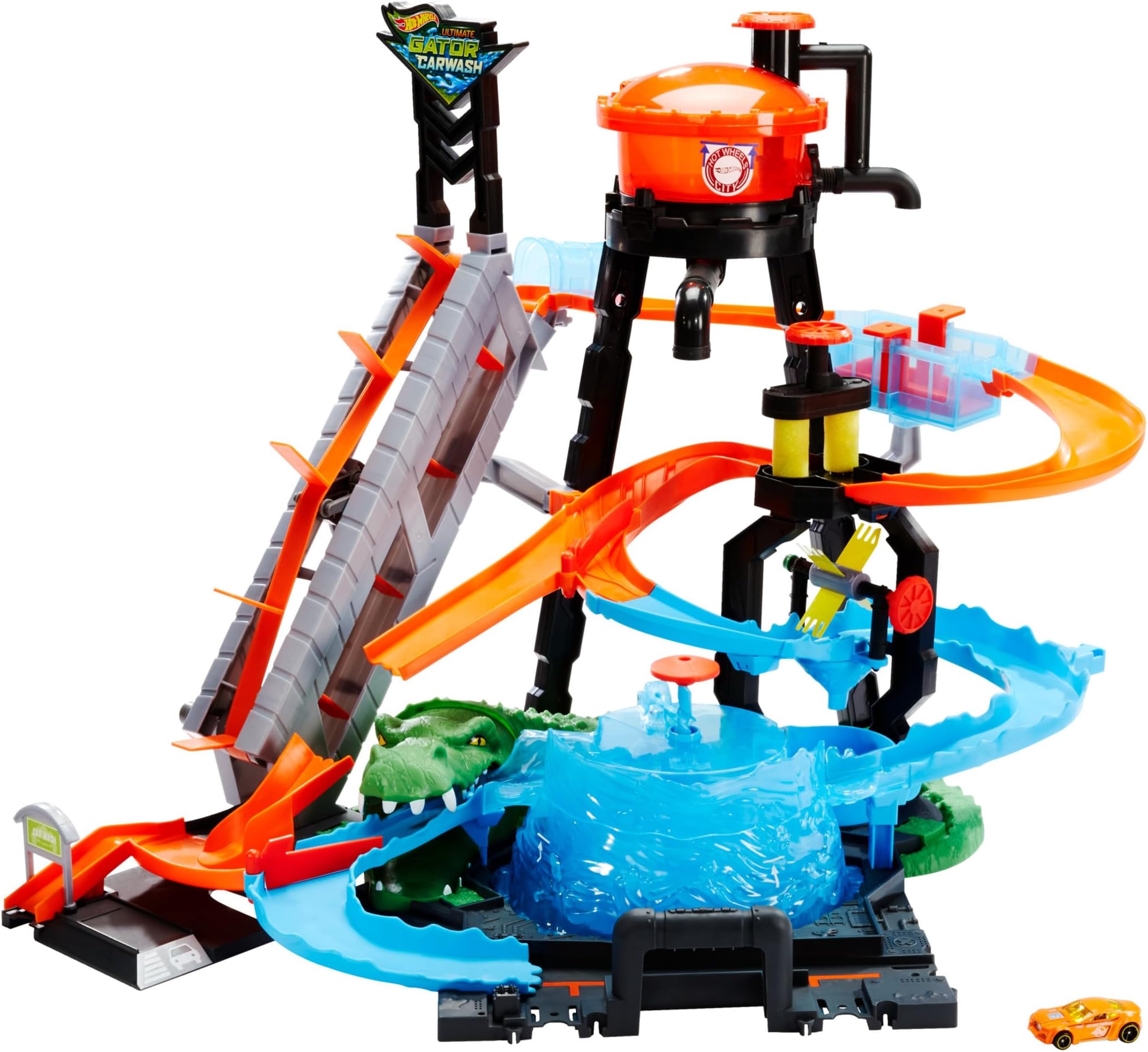 Hot Wheels Ultimate Gator Car Wash ,manual crank elevator, crazy track, water tower, whirlpool dunk tank, and 1 Colour Shifters car, FTB67