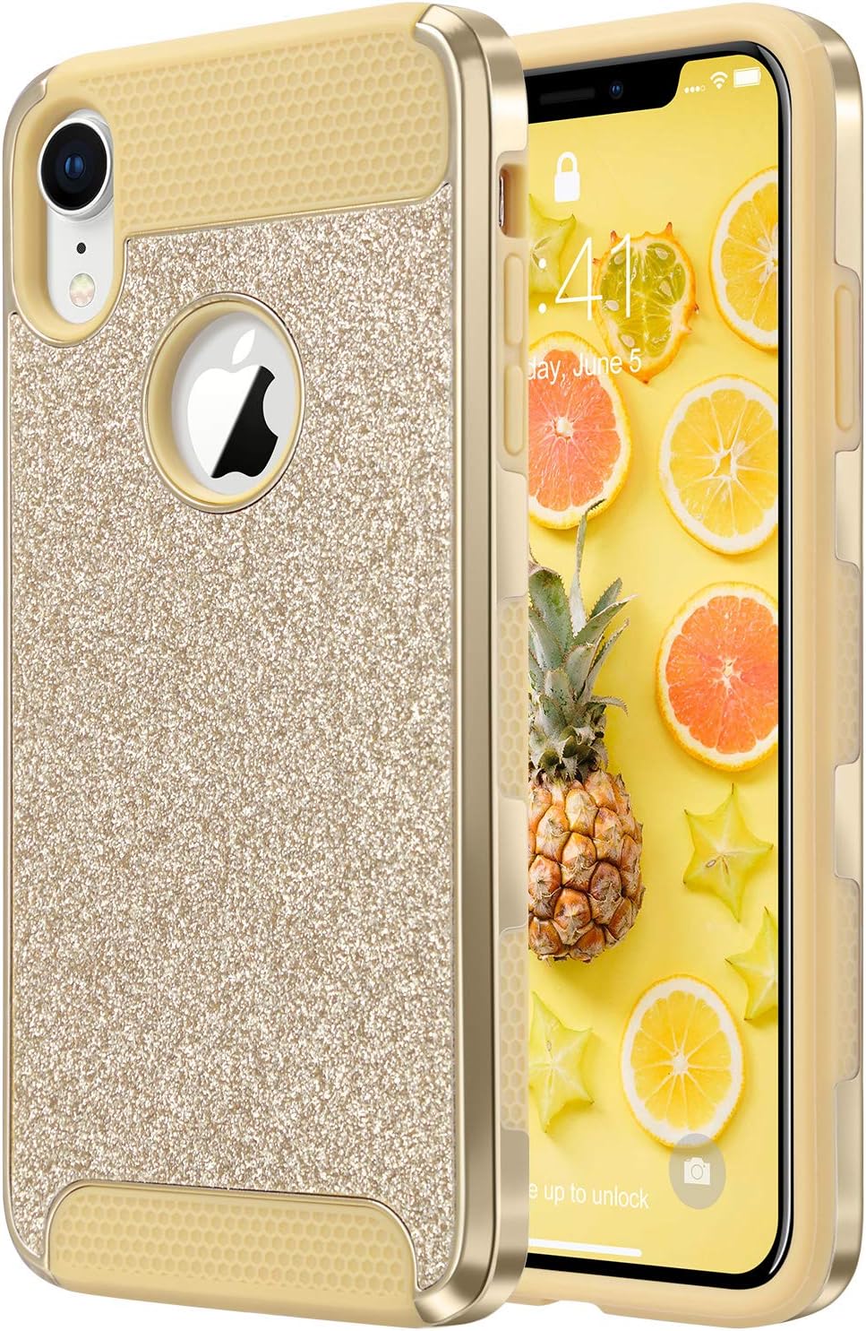 ULAK iPhone XR Case, Luxury Glitter 2 in 1 Dual Layer Slim Fit Soft TPU Hard Laminated with Sparkly Shiny Faux Leather Chrome Shockproof Protective Cover, Gold